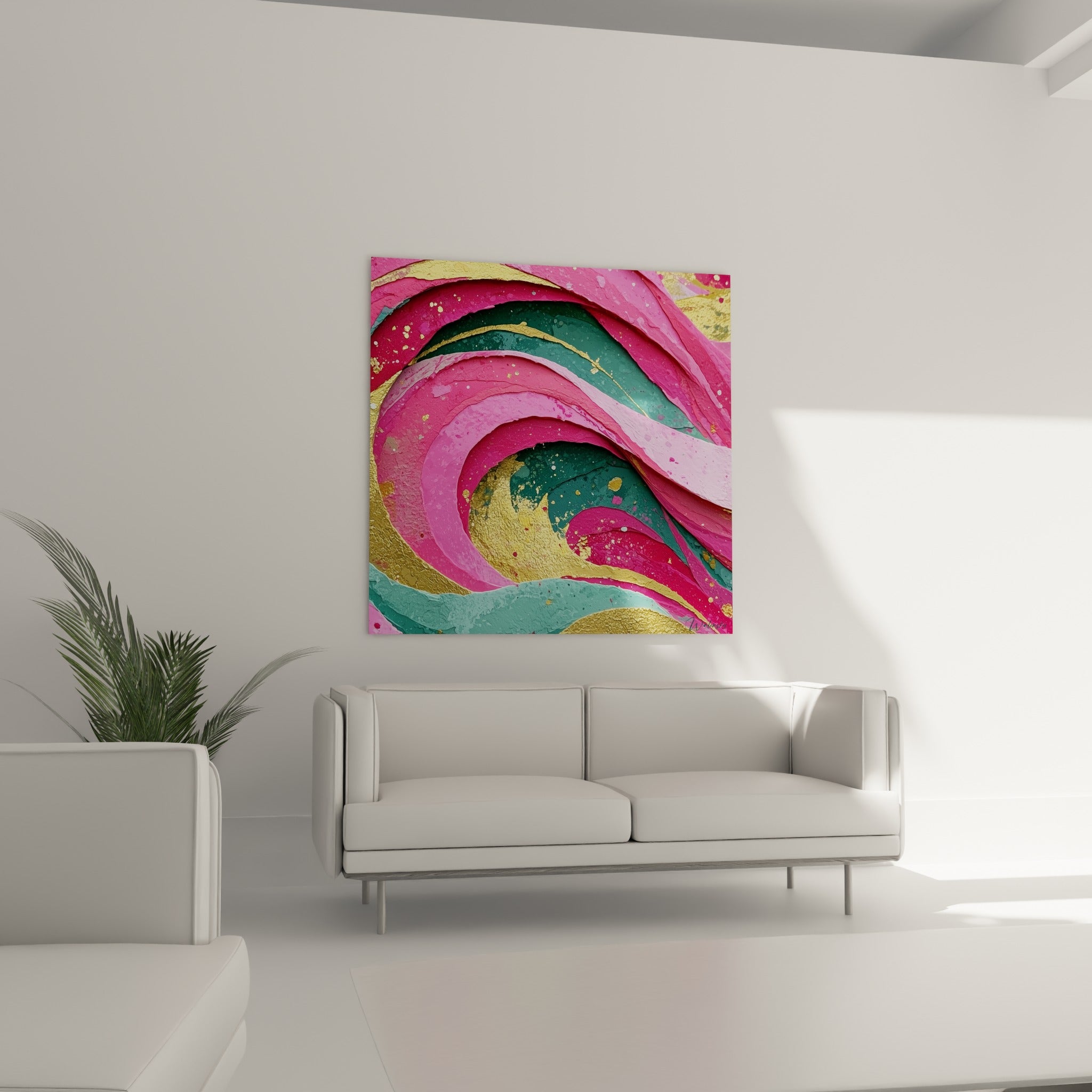 Vague tourbillonnante fuchsia et émeraude du style Peinture abstrait, au-dessus d'un canapé dans un salon lumineux