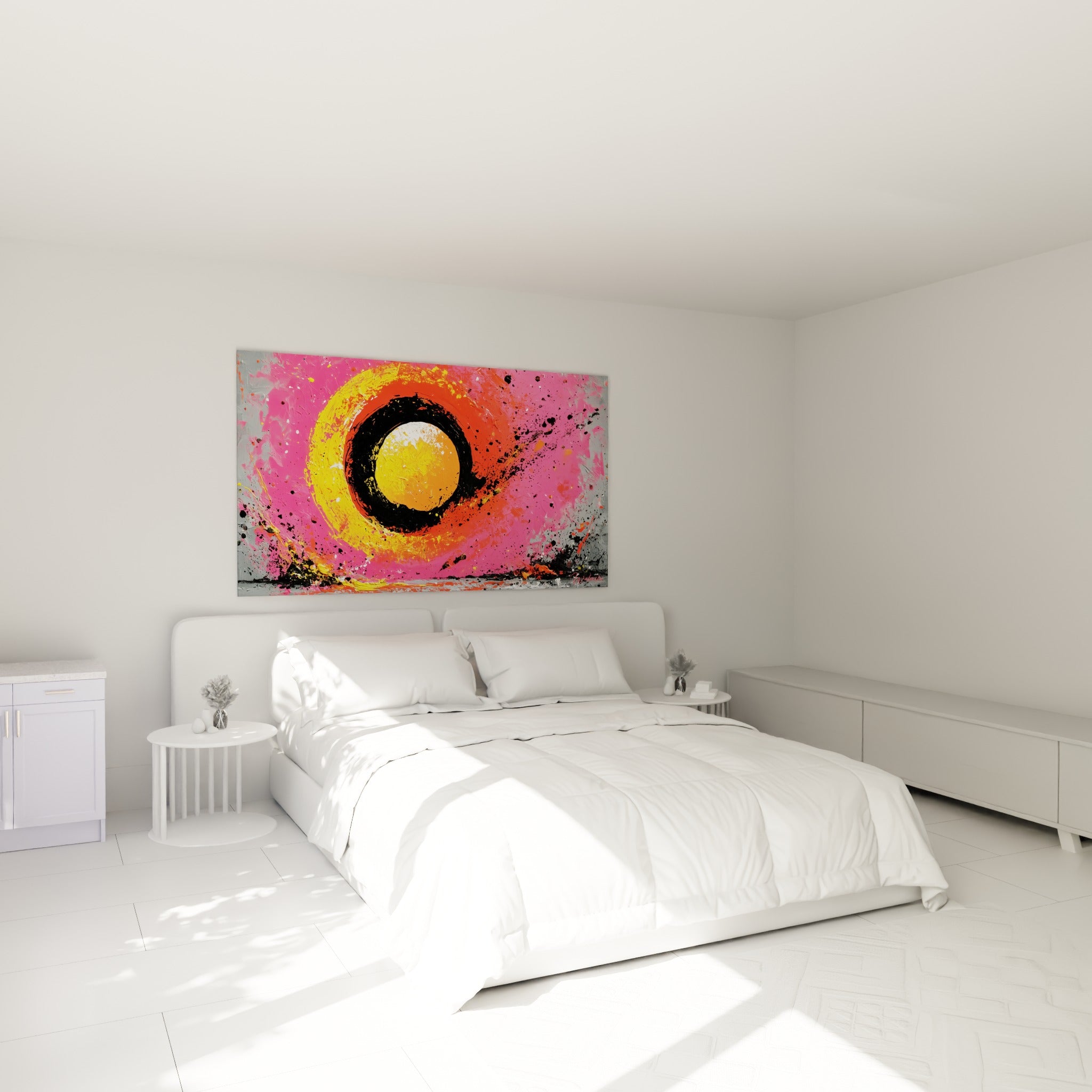 Tourbillon style Peinture abstrait orange et rose au-dessus d'un lit dans une chambre claire