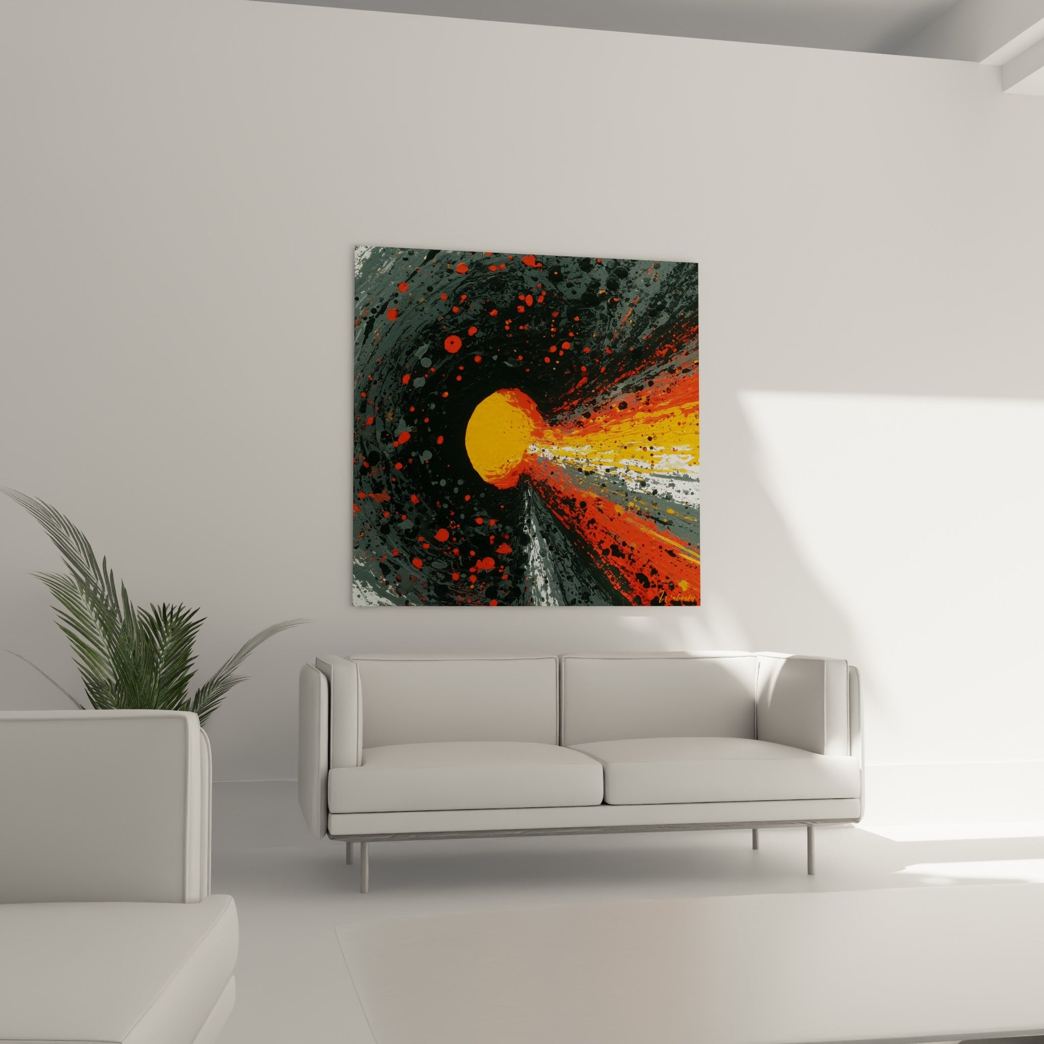 Tourbillon orange et noir, style peinture abstrait dynamique, au-dessus d'un canapé dans un salon lumineux