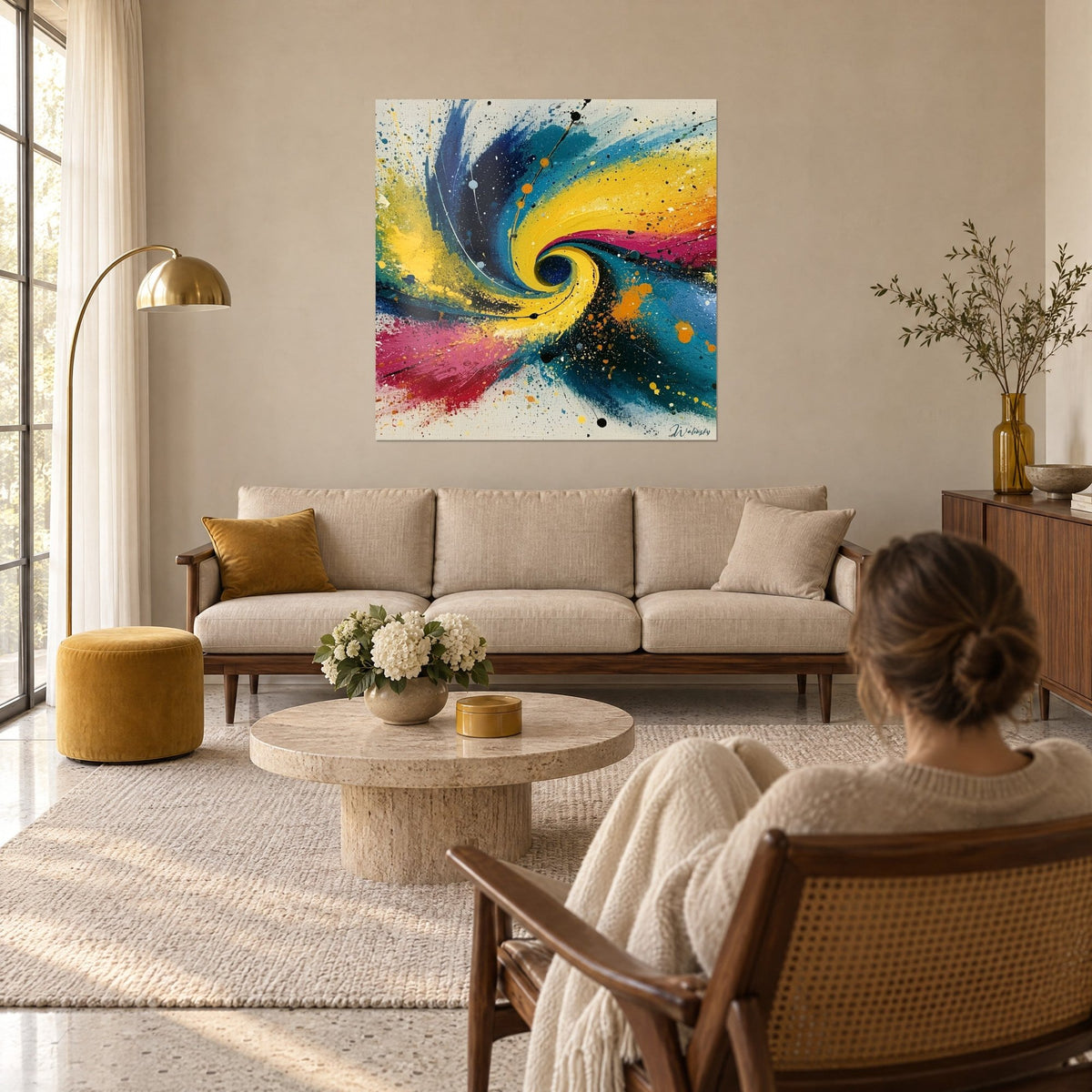Quadro vortice giallo limone e blu navy, schizzi arancioni, donna di spalle, sopra un divano in un soggiorno luminoso