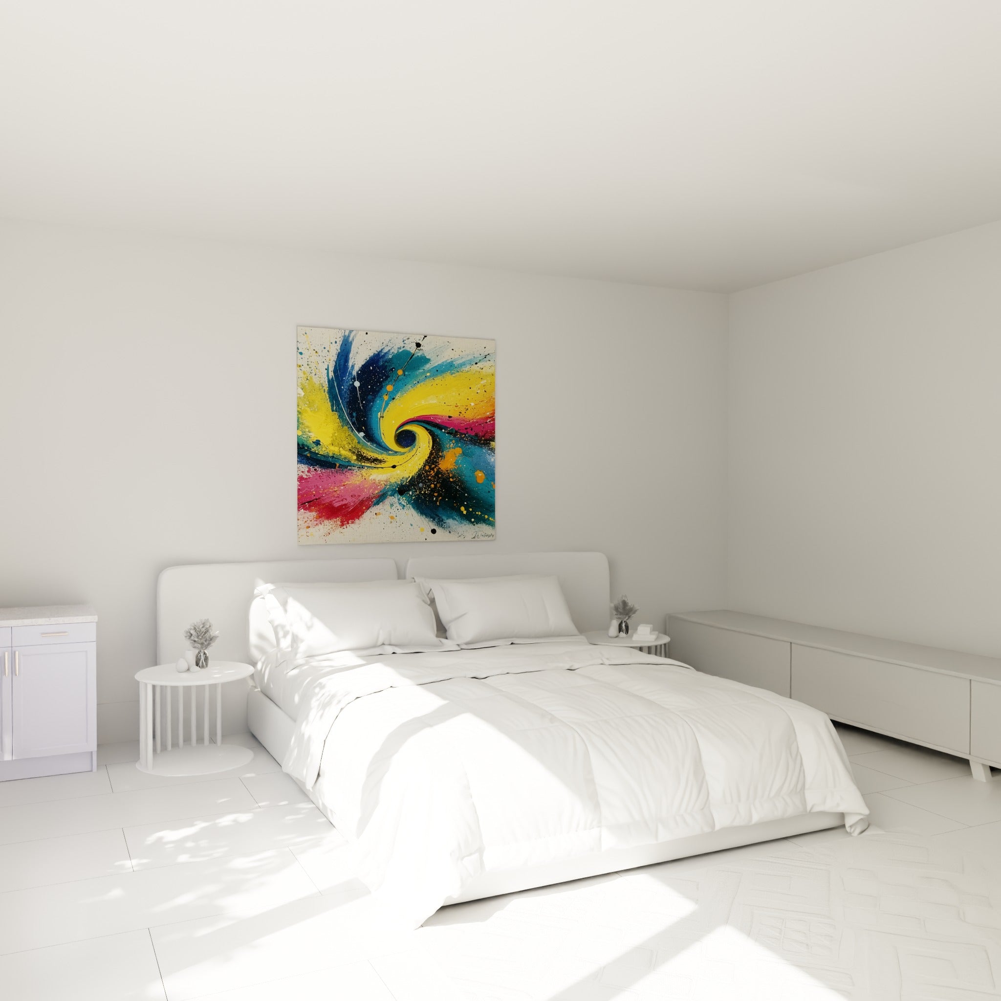 Tourbillon coloré jaune et bleu marine, style Peinture abstrait, au-dessus d'un lit dans une chambre claire