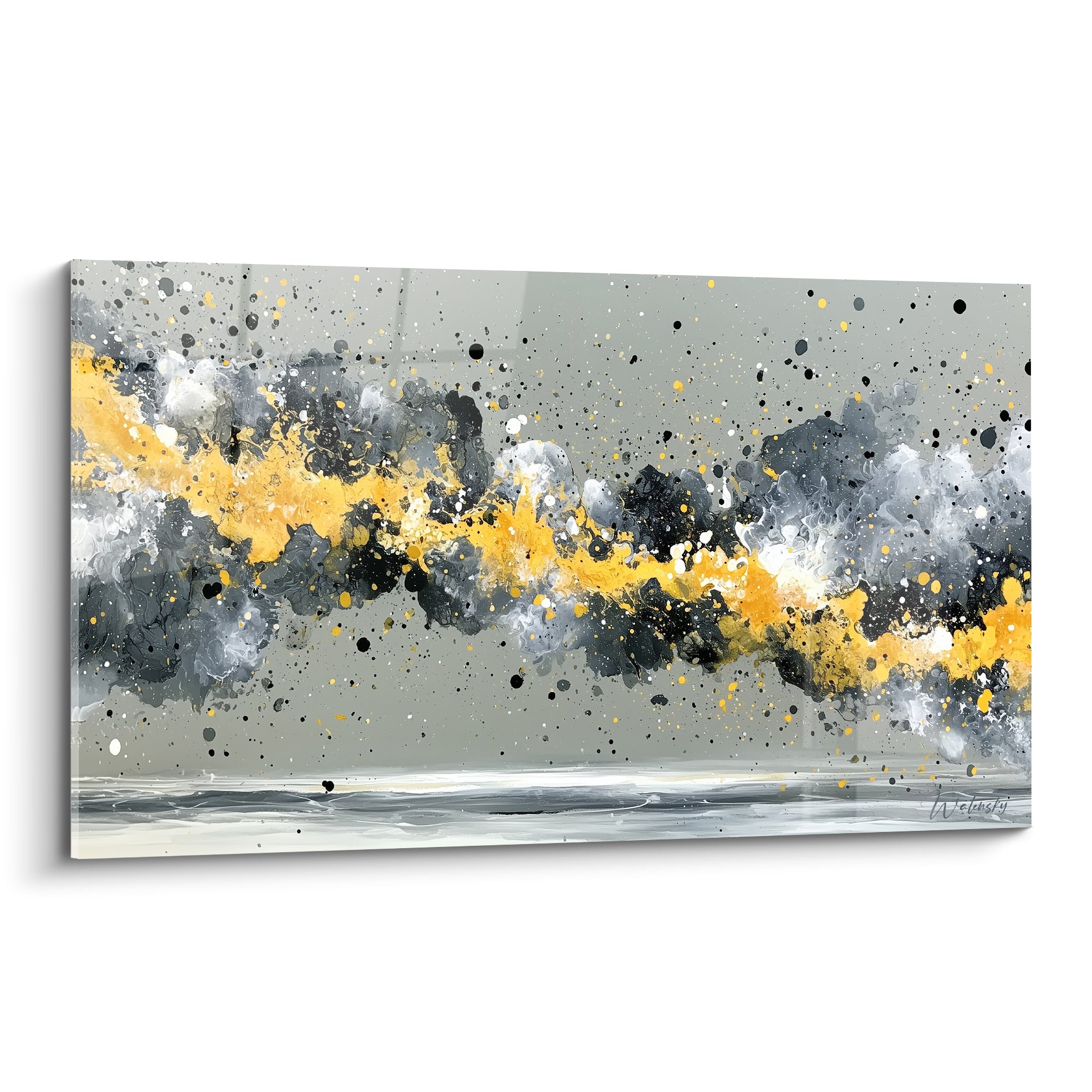 Traînée dorée style Peinture abstrait sur fond gris et anthracite, éclaboussures noires et blanches