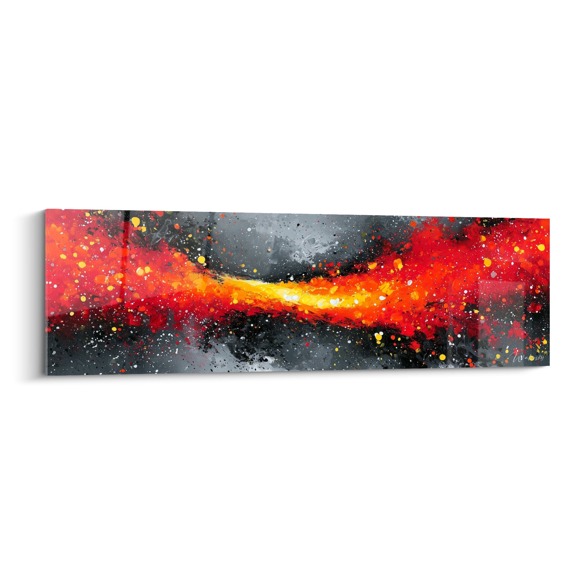 Traînée incandescente rouge et dorée sur fond anthracite, style Peinture abstrait éclaboussé