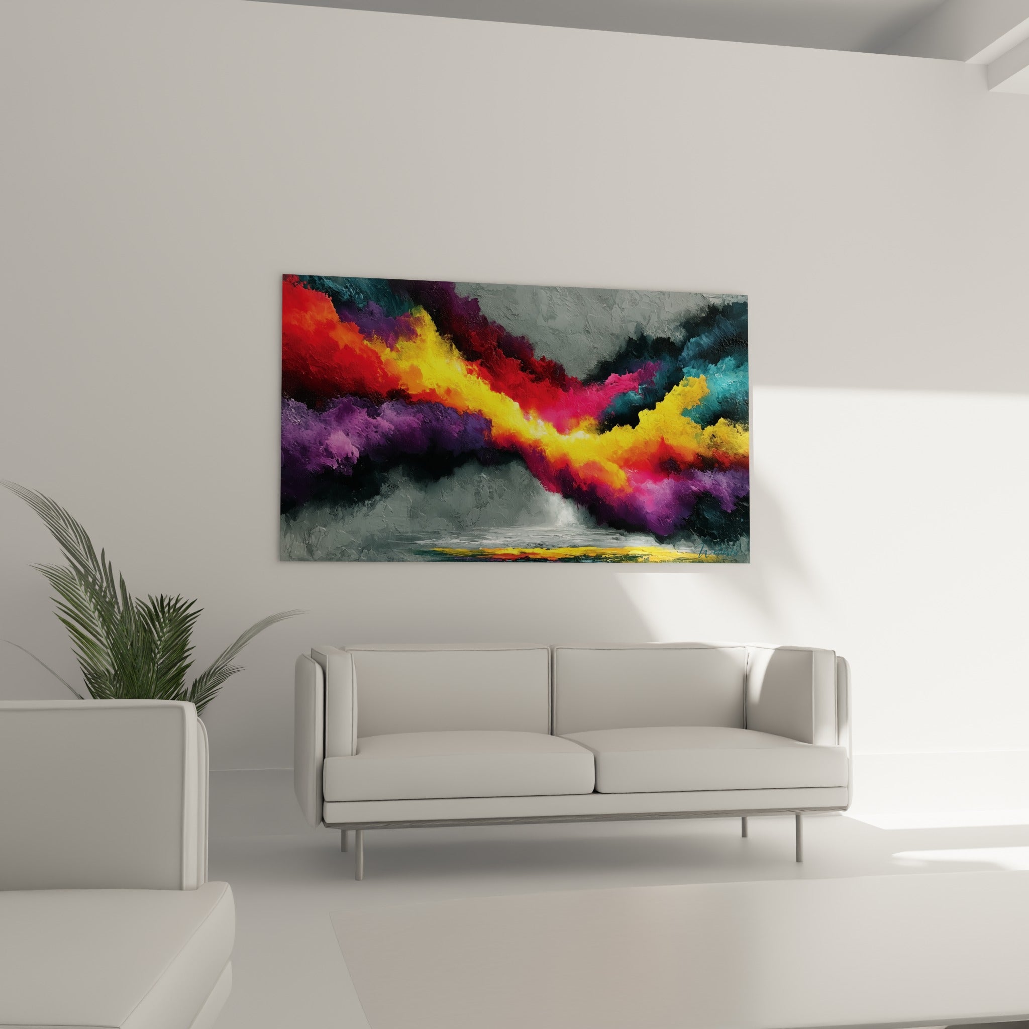 Traînée jaune et pourpre déchirant un ciel gris anthracite, style Peinture abstrait au-dessus d'un canapé dans un salon lumineux