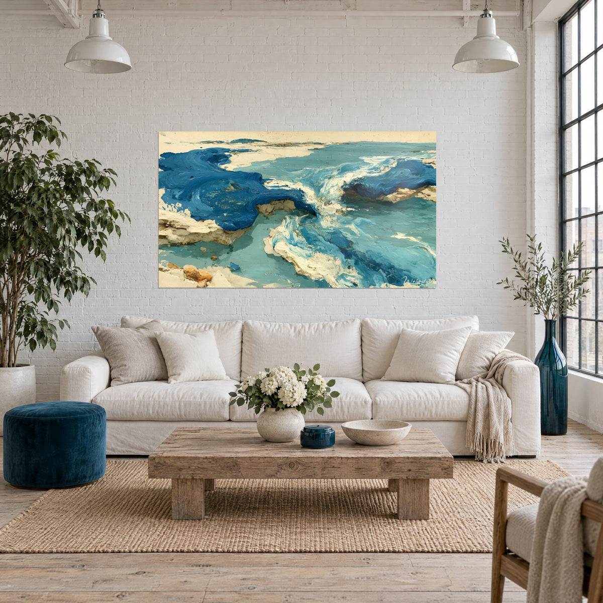 Tableau vague bleu marine et écume crème en relief, peinture épaisse sur turquoise, au-dessus d'un canapé dans un salon lumineux