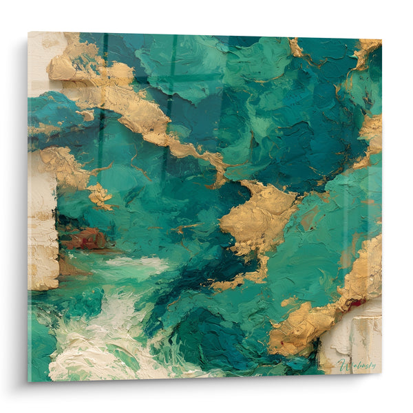 Tableau Vagues turquoise et éclats dorés - Lagune céleste - Edition style Peinture abstrait