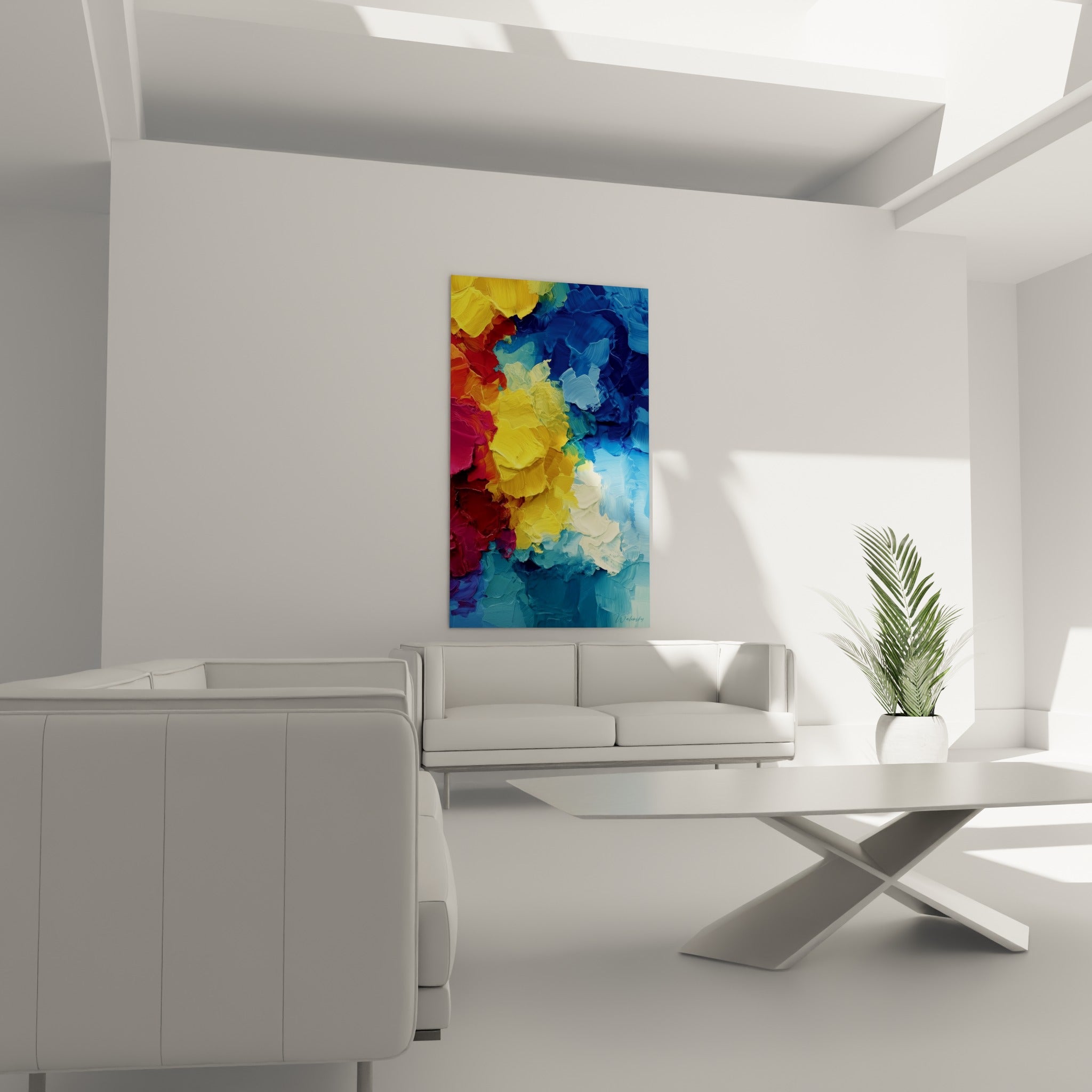 Matière jaune et turquoise sculptée au couteau, style Peinture abstrait au-dessus d'un canapé dans un salon lumineux