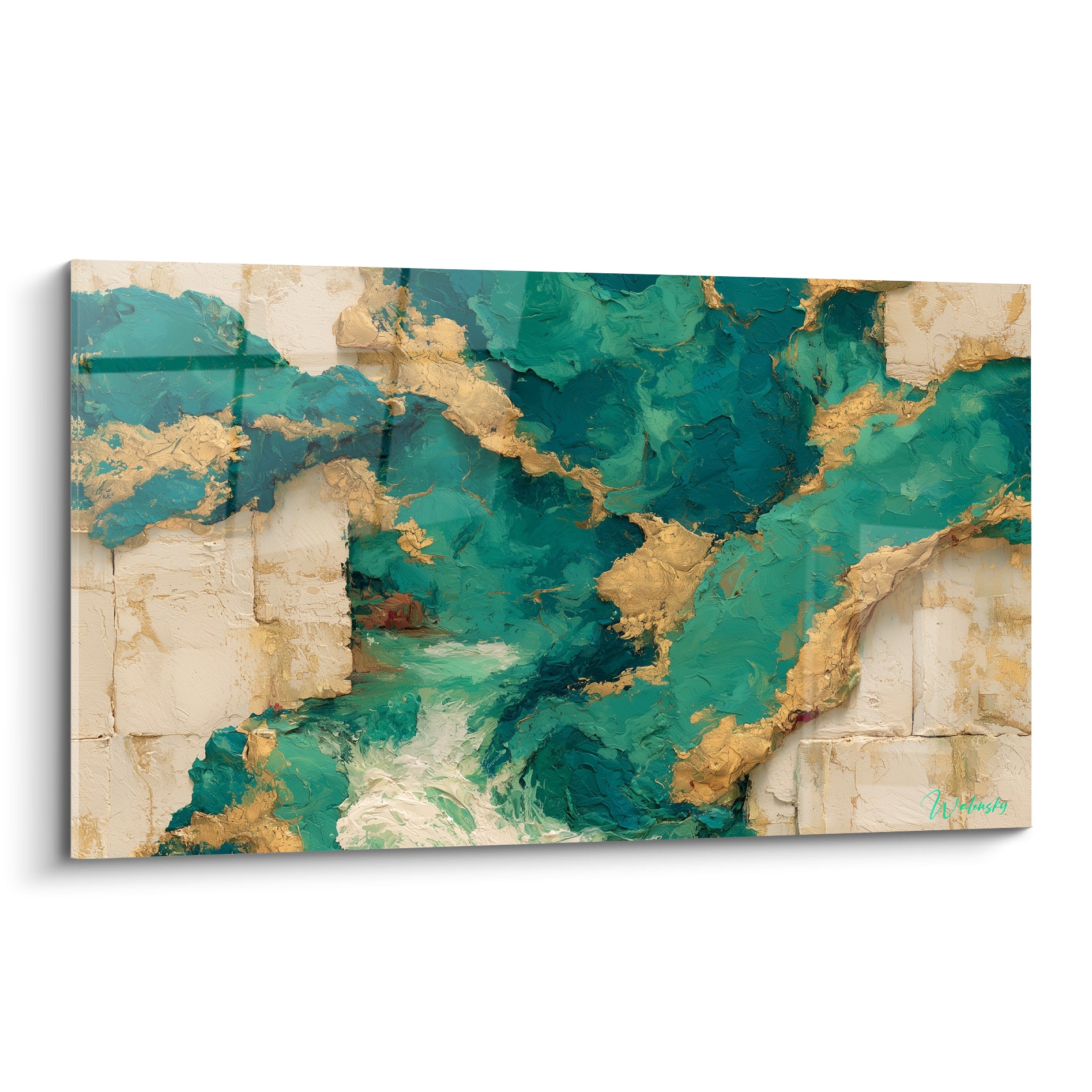 Faille turquoise et or traversant une pierre ivoire texturée, empâtements et coulées métalliques