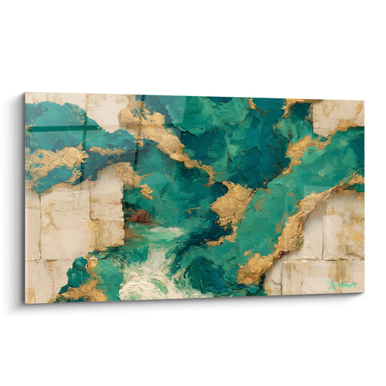 Faille turquoise et or traversant une pierre ivoire texturée, empâtements et coulées métalliques