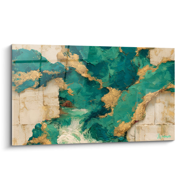 Tableau Coulées émeraude et dorées sur pierre ivoire - Faille précieuse - Edition style Peinture abstrait