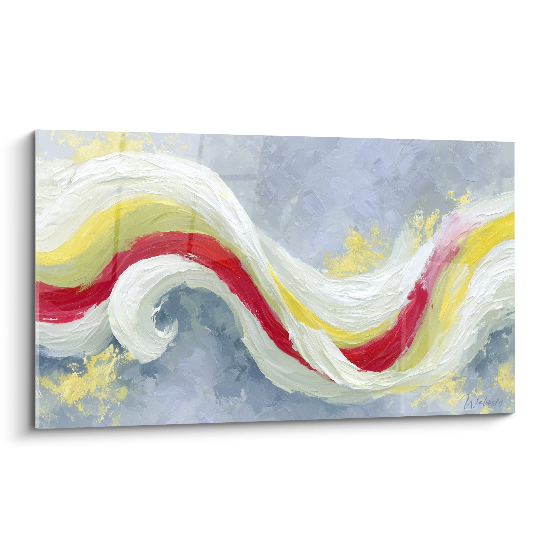 Vague blanche et rouge en empâtements sur fond gris bleuté, tableau style peinture abstrait
