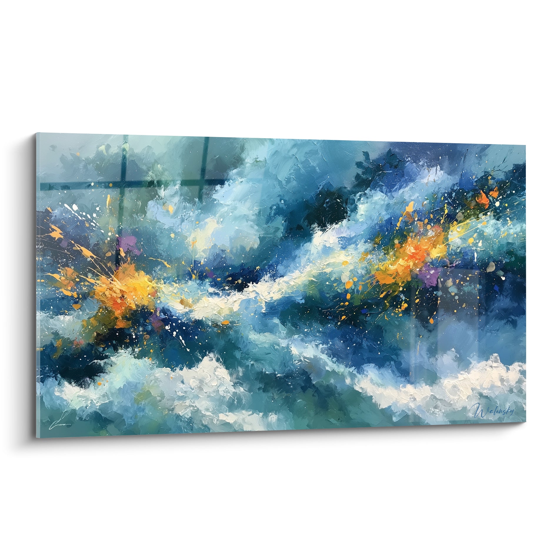 Vague bleu marine et orangée en pleine déferlante, style peinture abstrait aux empâtements épais