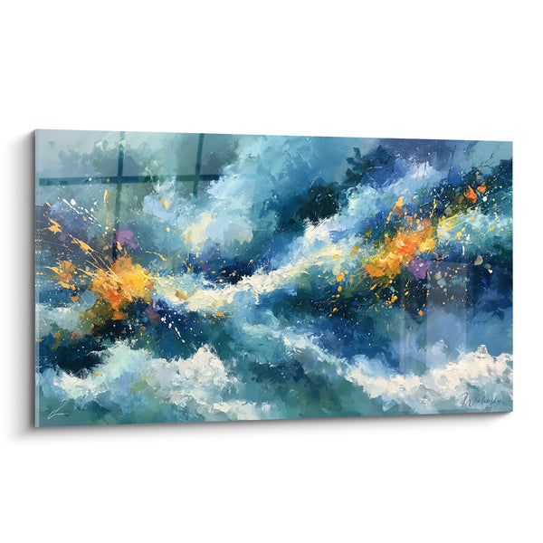 Tableau Vague bleue et orangée en mouvement - Souffle océanique - Edition style Peinture abstrait