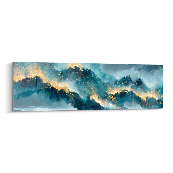Tableau Crête de vague bleue et dorée éclaboussée - Sillage lumineux nocturne - Edition style Peinture abstrait