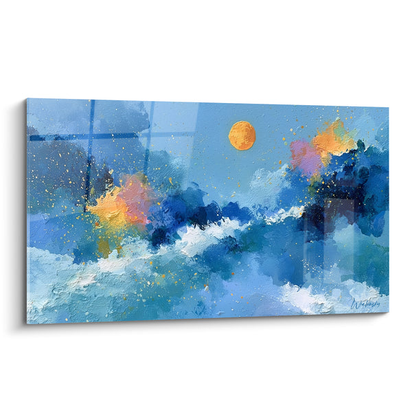 Tableau Vague bleue et soleil doré - Lever sur la houle - Edition style Peinture abstrait