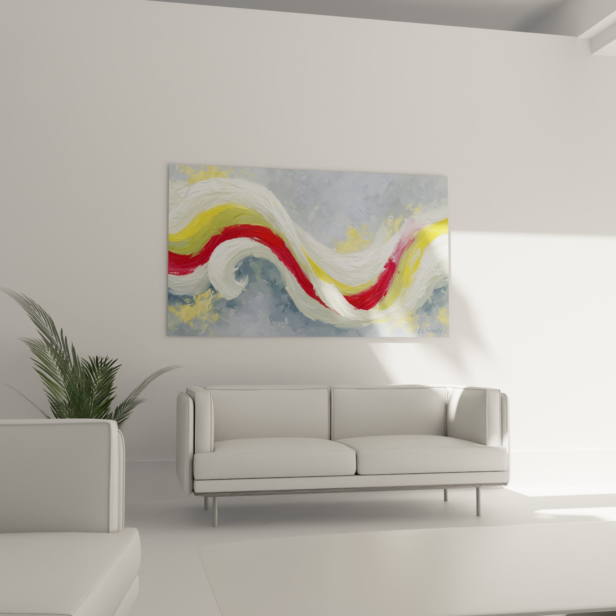 Vague crémeuse rehaussée de rouge et d'ocre, accrochée au-dessus d'un canapé dans un salon lumineux