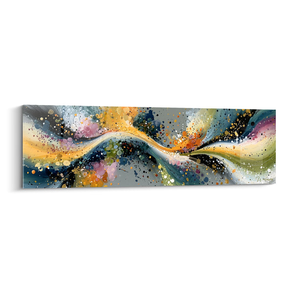 Tableau Vague sinueuse dorée et bleu marine éclaboussée - Constellation de bulles colorées - Edition style Peinture abstrait