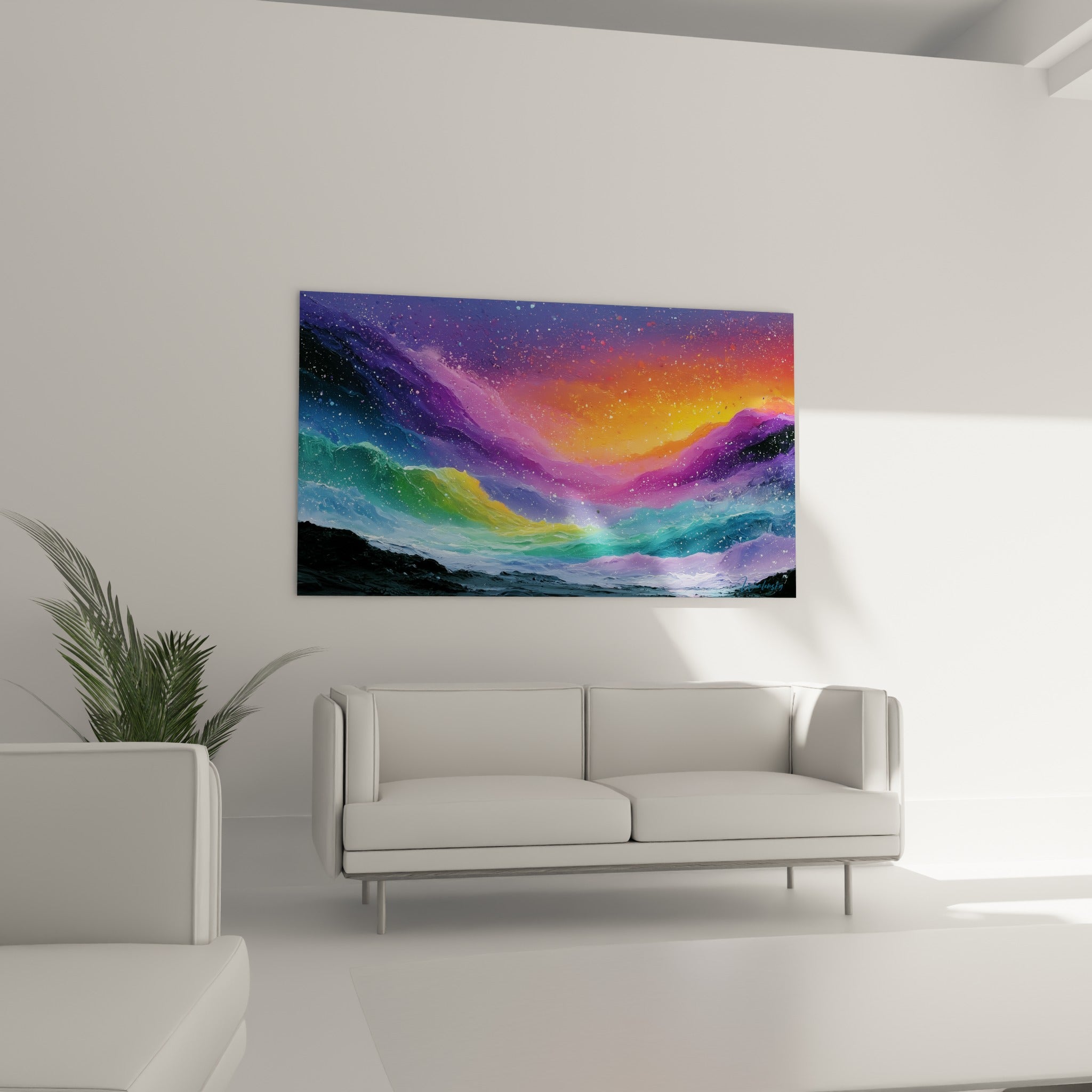 Ciel violet étoilé et vague dorée, style Peinture abstrait au-dessus d'un canapé dans un salon lumineux