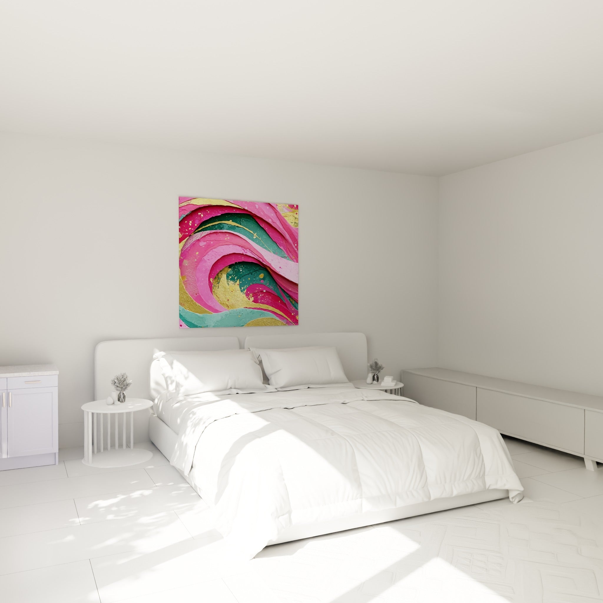 Volutes roses et dorées du style Peinture abstrait, accrochées au-dessus d'un lit dans une chambre claire