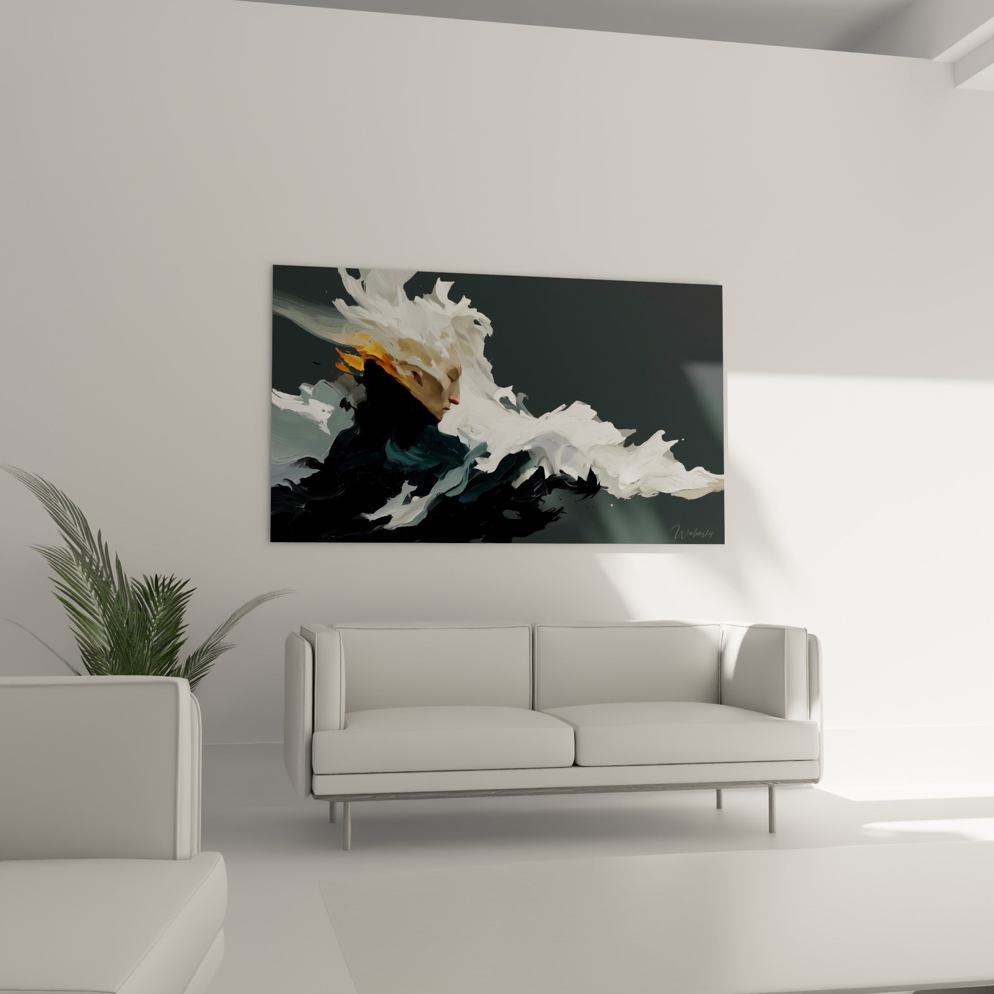 Vague noire et blanche du style Peinture abstrait, au-dessus d'un canapé dans un salon lumineux
