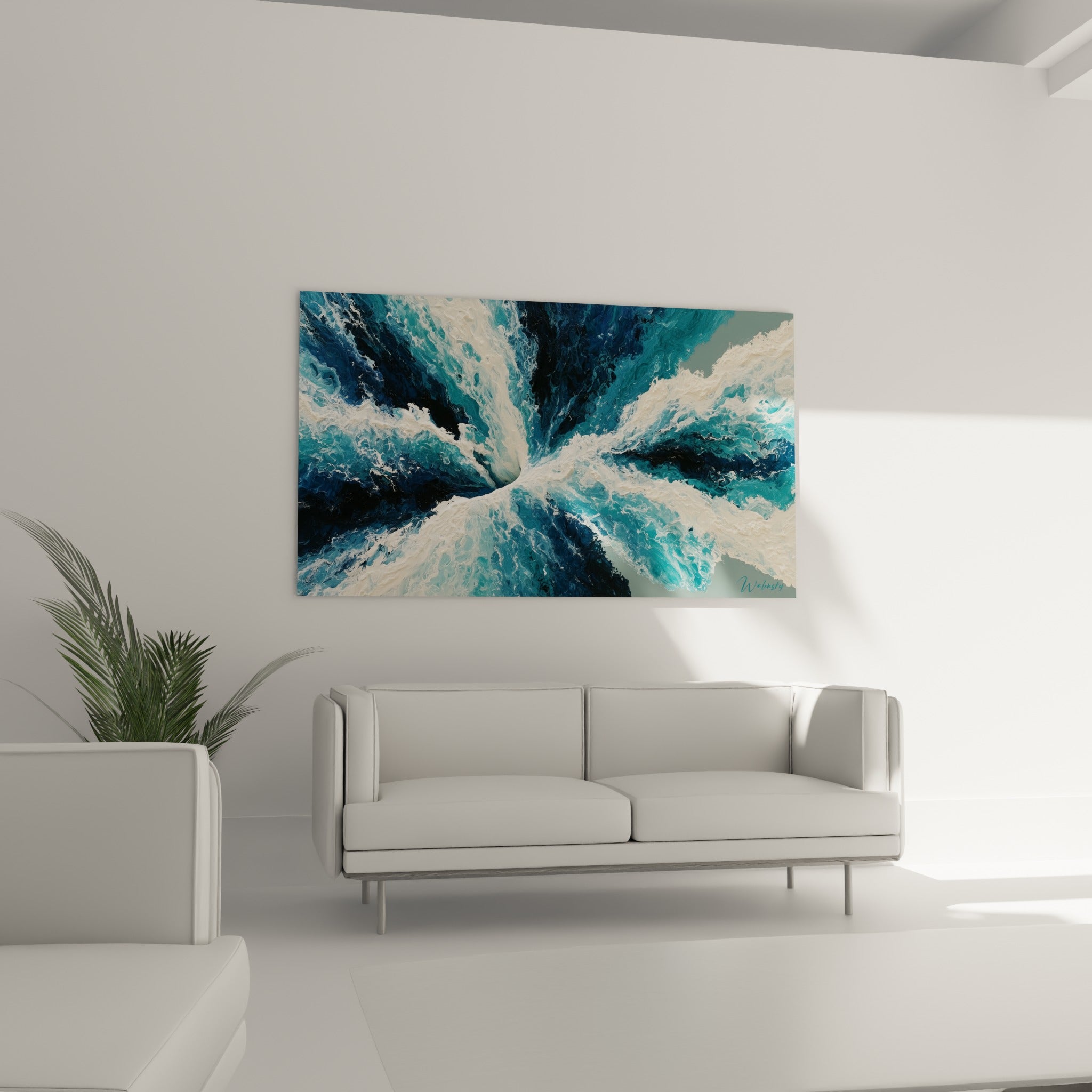 Vague abstraite turquoise et anthracite aspirée vers un centre au-dessus d'un canapé dans un salon lumineux