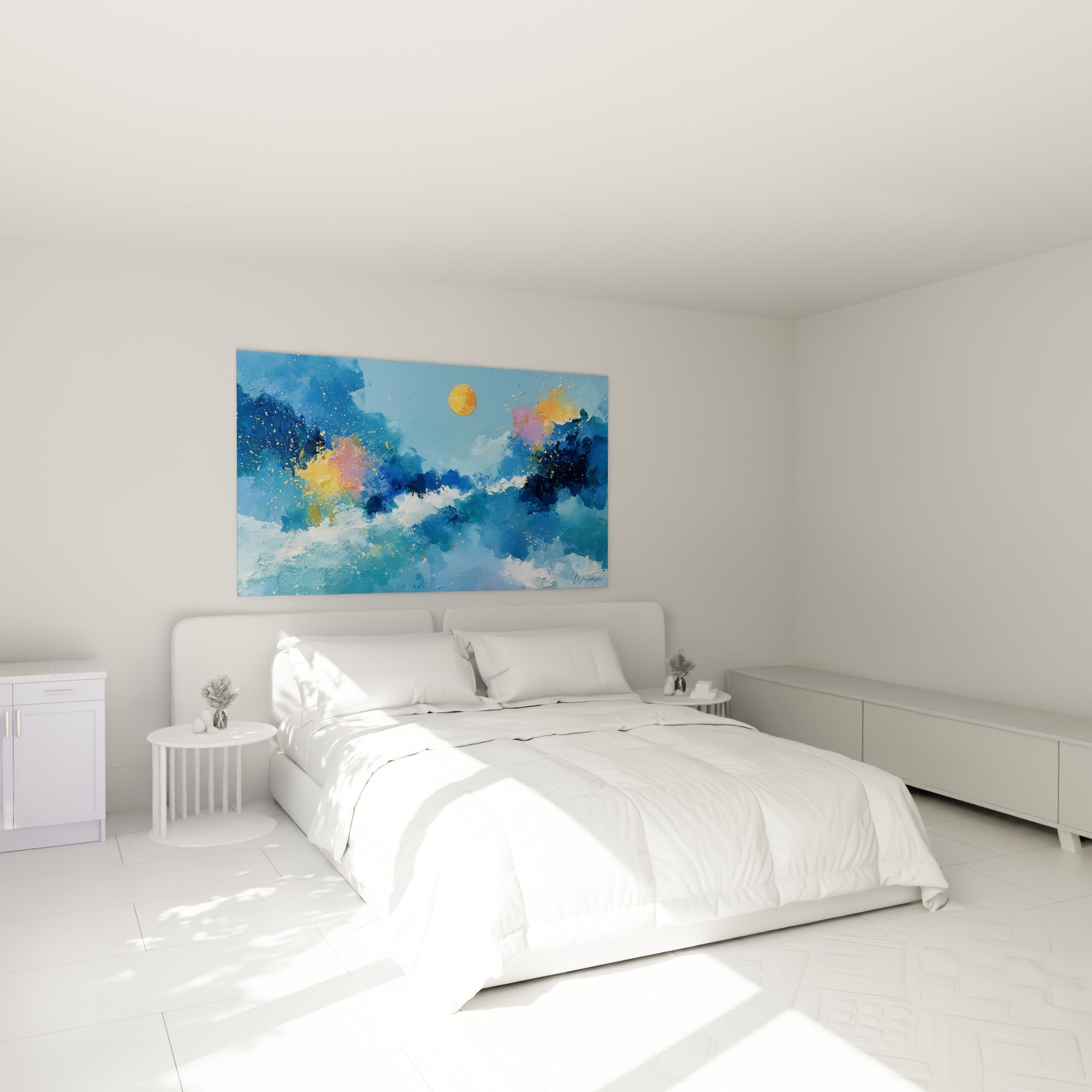 Soleil doré et vague turquoise en style Peinture abstrait, au-dessus d'un lit dans une chambre claire