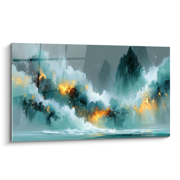 Tableau Vague déferlante sarcelle et orangée entre pics rocheux - Écume et braises - Edition style Peinture abstrait