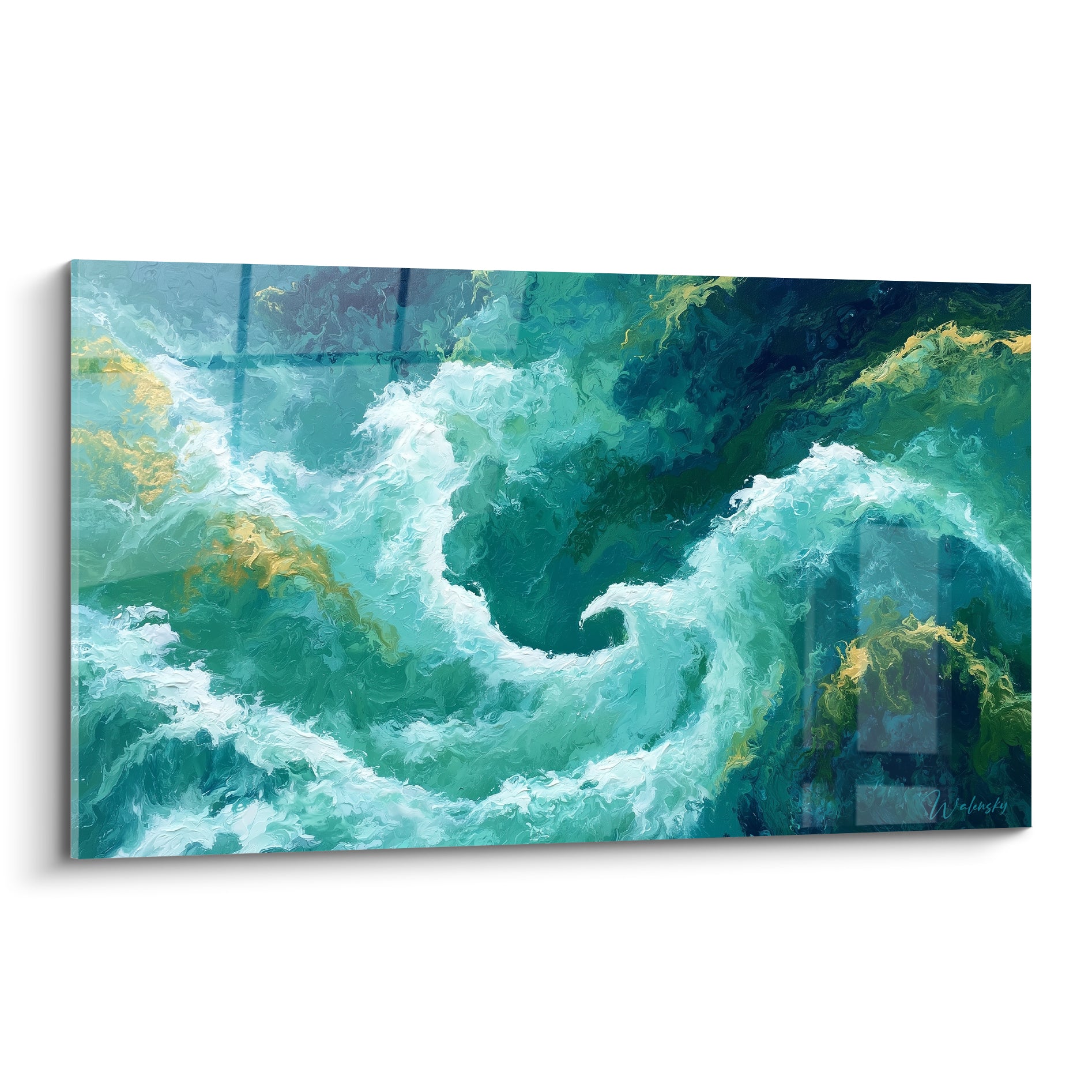 Vague turquoise en spirale, écume blanche et éclats dorés, style peinture abstrait aux empâtements marqués