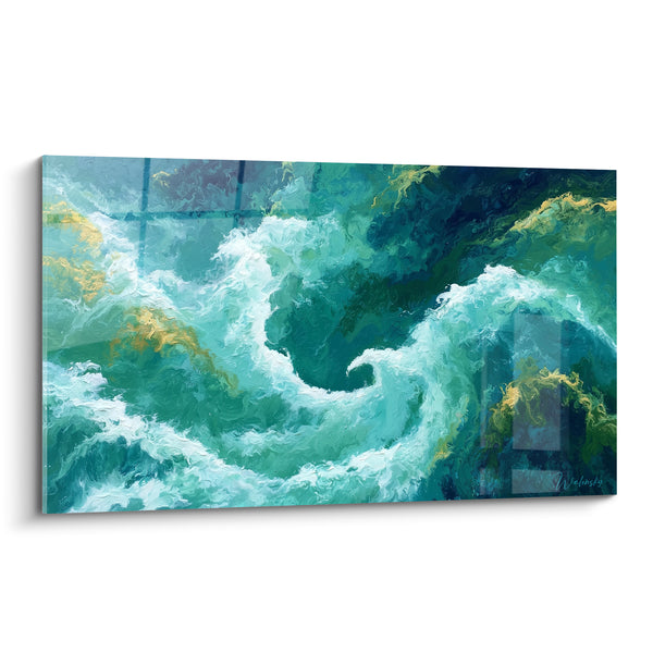 Tableau Tourbillon marin turquoise et blanc mousseux - Spirale océanique dorée - Edition style Peinture abstrait