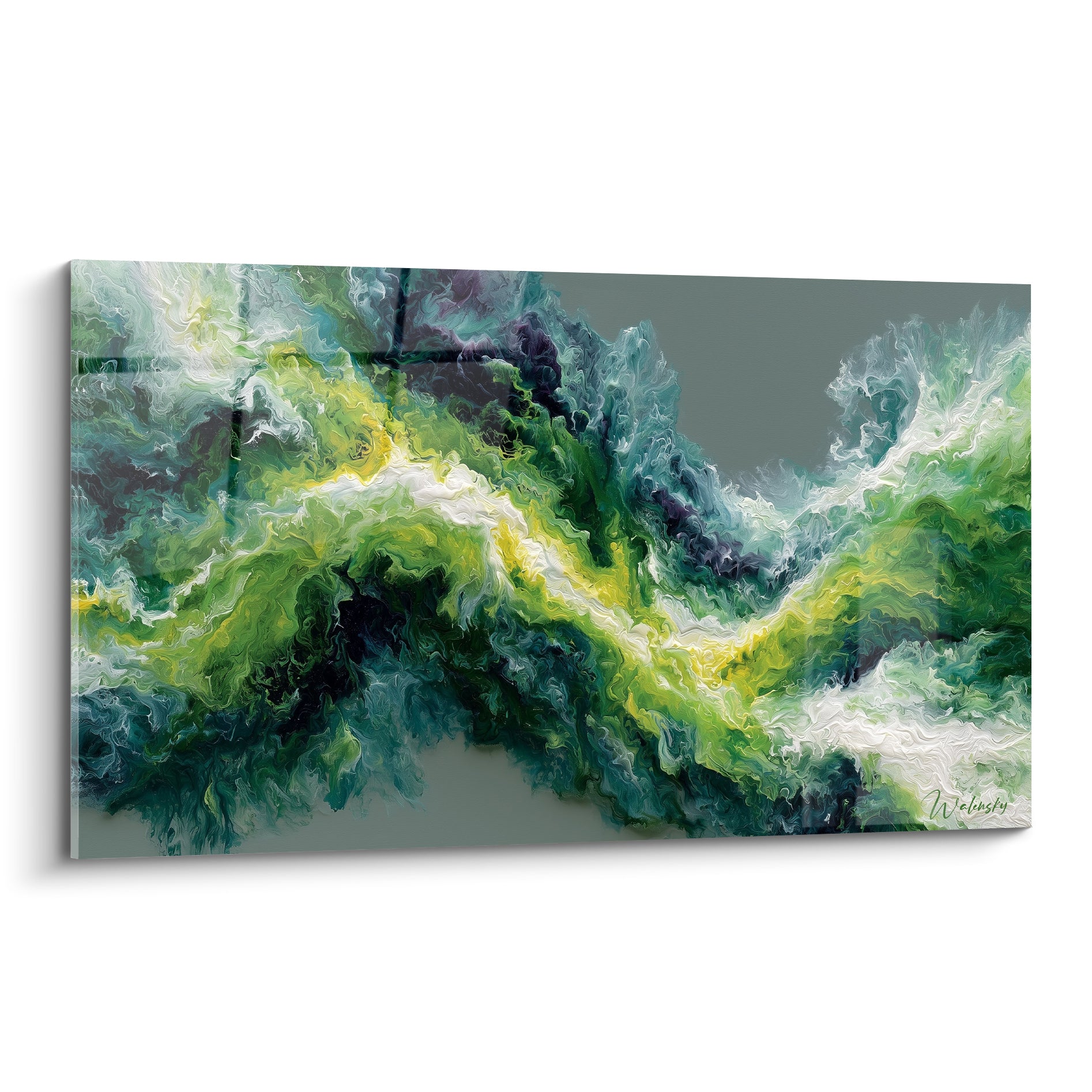 Vague végétale verte et jaune en style Peinture abstrait, matière fluide sur fond anthracite