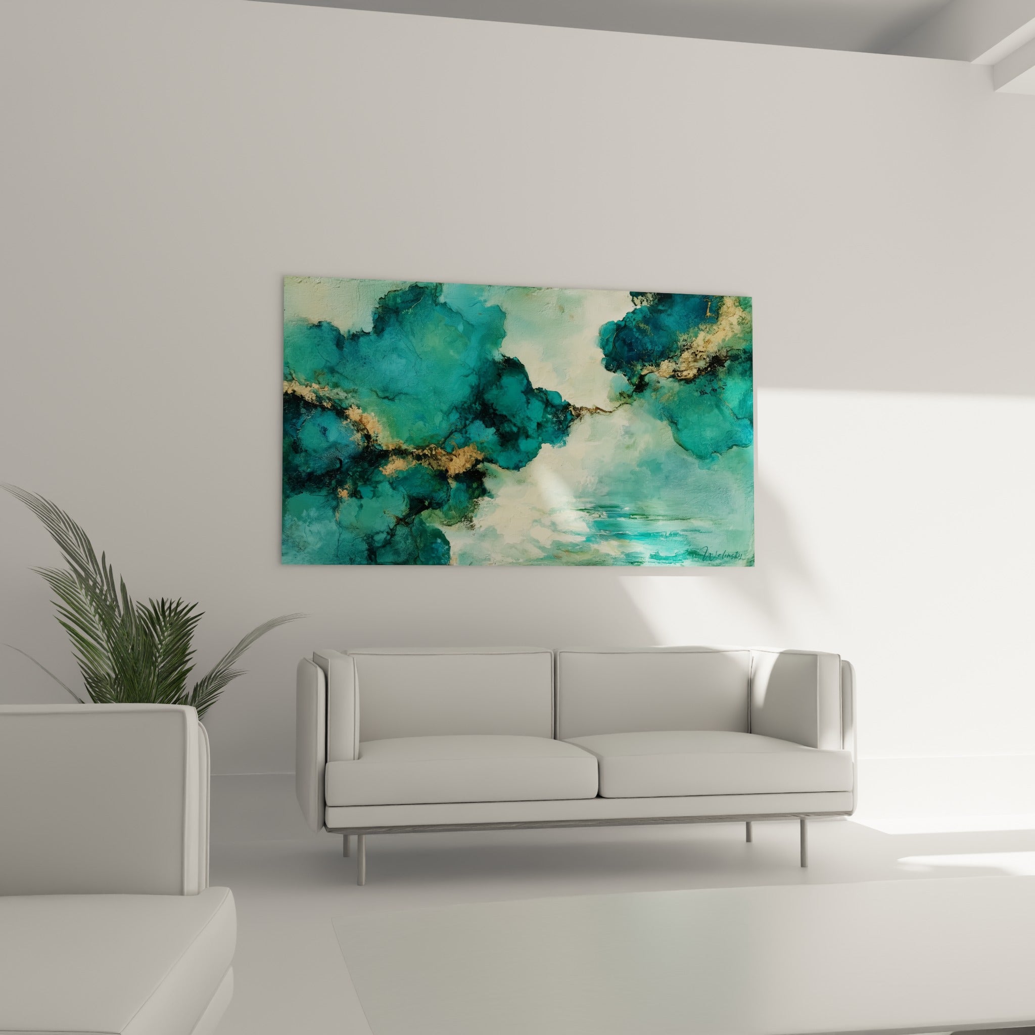 Vagues minérales turquoise et anthracite veinées d'or, style peinture abstrait au-dessus d'un canapé dans un salon lumineux