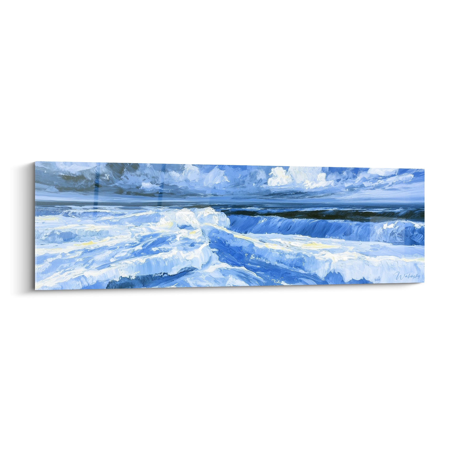 Vagues bleu marine et blanc écumeux peintes en larges empâtements, style Peinture abstrait marine