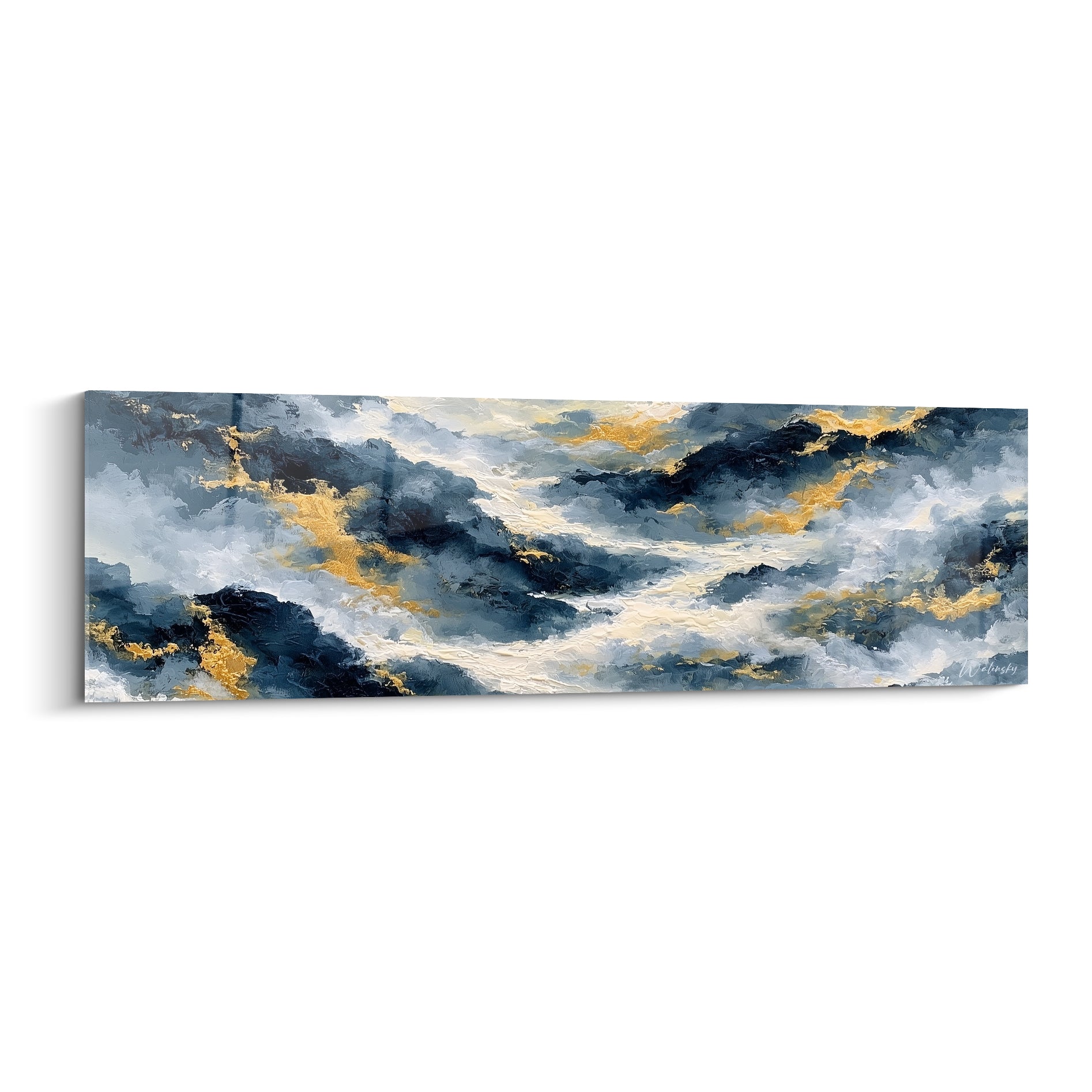 Vagues bleu marine et anthracite traversées d'éclats dorés, style peinture abstrait aux empâtements épais