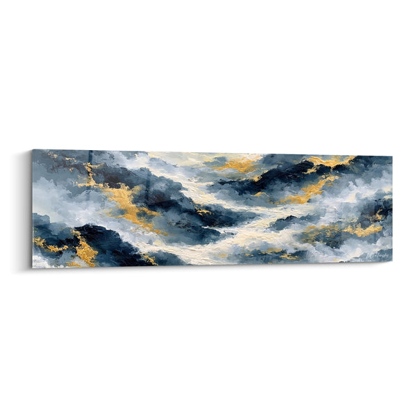 Tableau Vagues bleu marine et dorées déchaînées - Crête d'écume blanche - Edition style Peinture abstrait