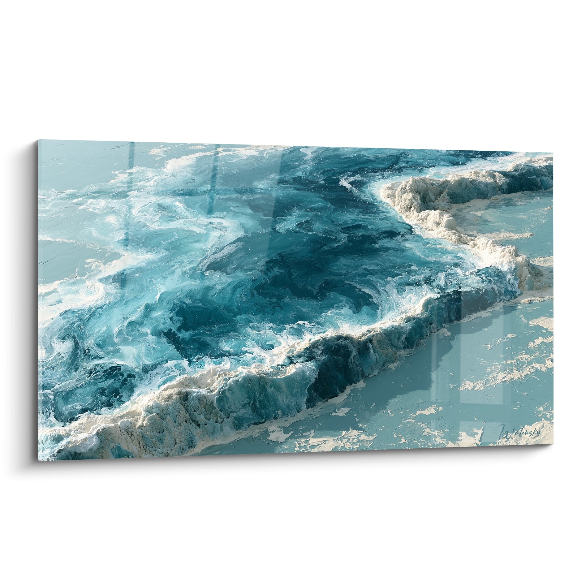 Vagues bleu marine et écume blanche tourbillonnant en style peinture abstrait, vue aérienne fluide