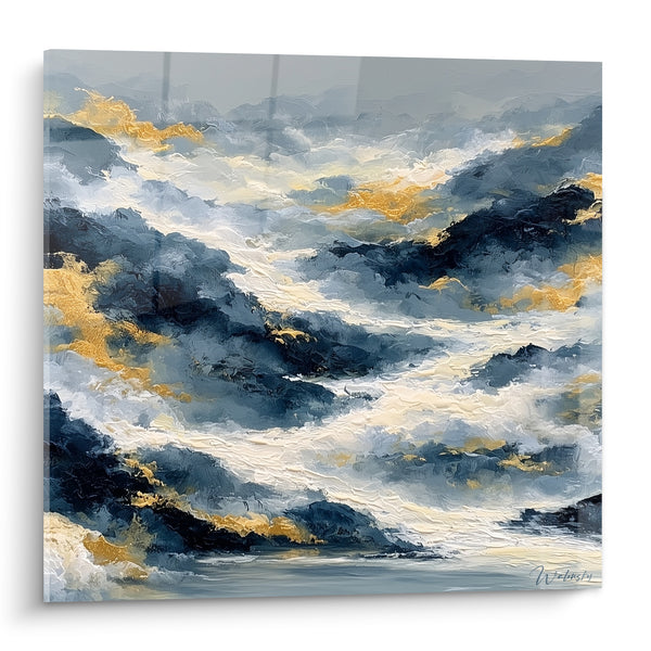 Tableau Vagues déferlantes bleu marine et doré - Fureur océanique - Edition style Peinture abstrait