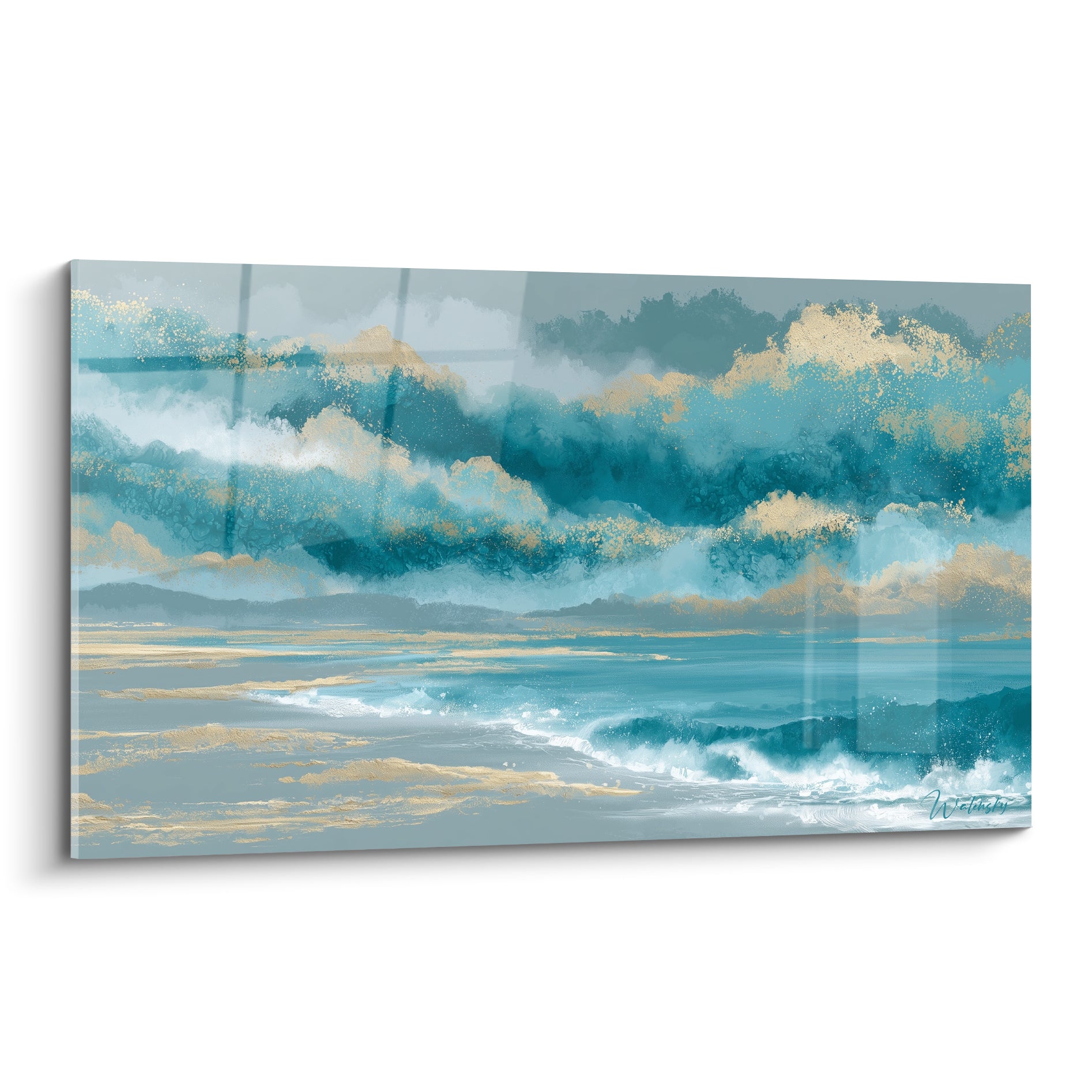 Vagues bleu sarcelle et écume dorée dans un tableau style Peinture abstrait aux nuances anthracite