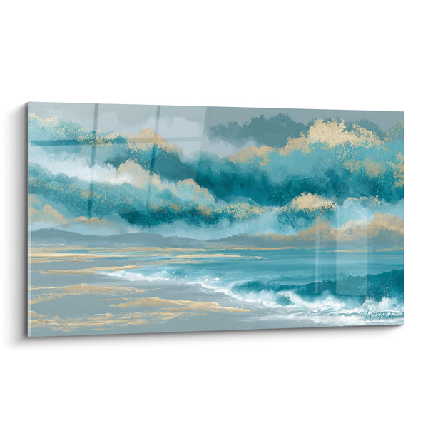 Tableau Vagues océanes bleu sarcelle et doré - Souffle marin - Edition style Peinture abstrait