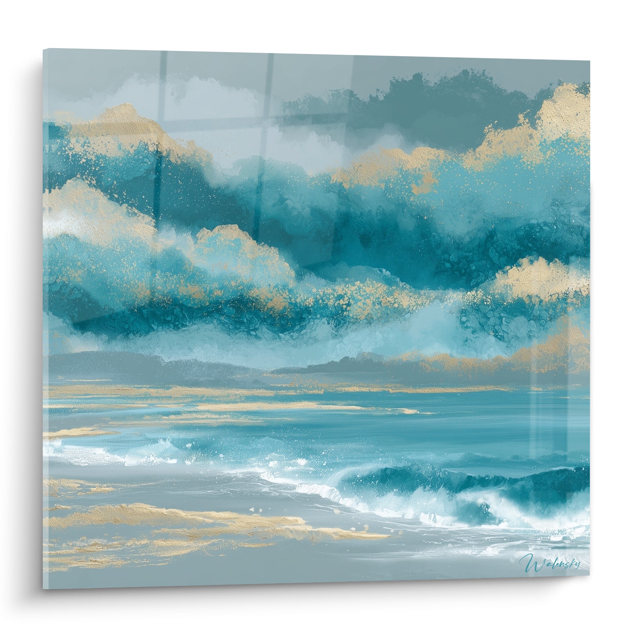 Vagues bleu sarcelle et dorées se brisant sur le sable, peinture abstraite fluide et lumineuse