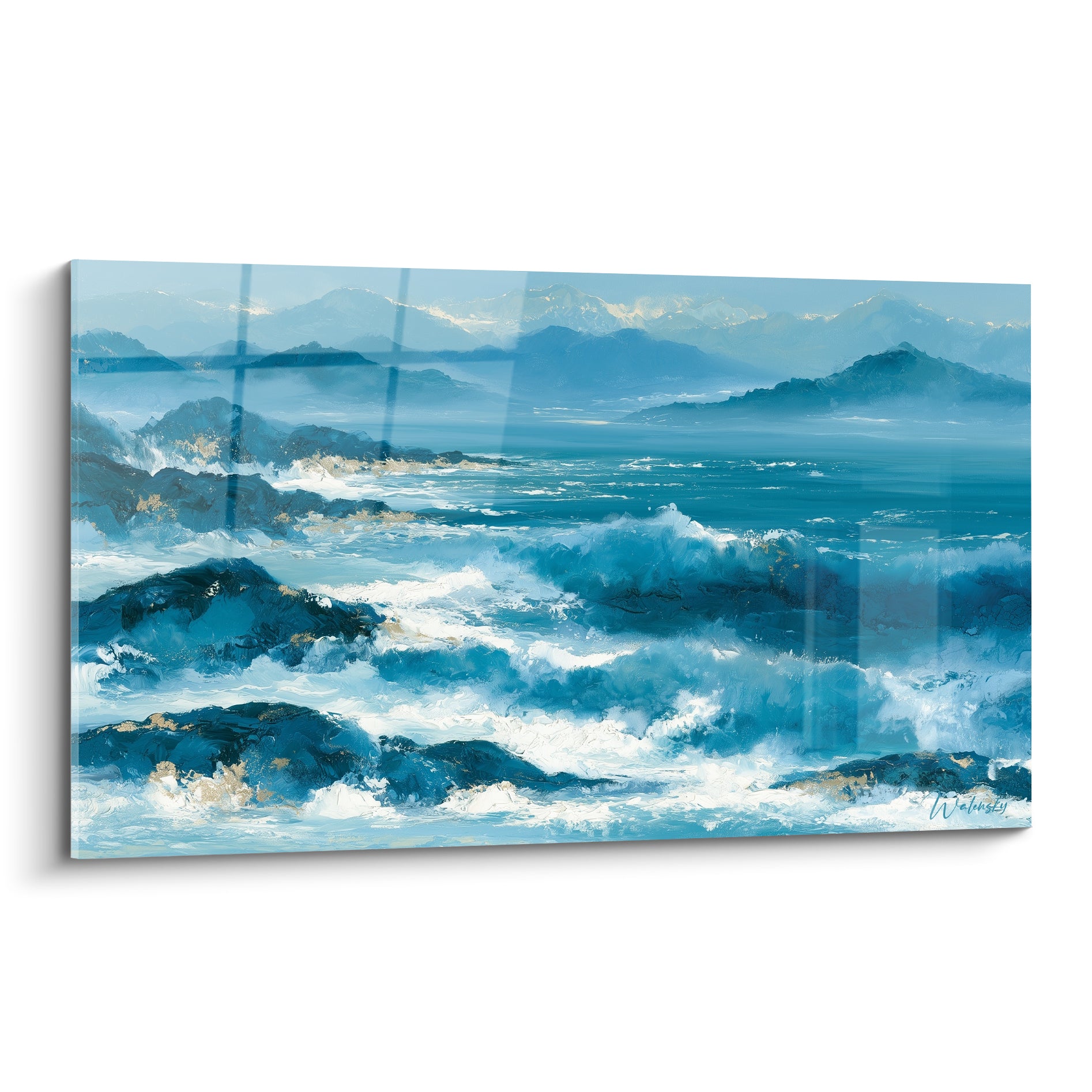Vagues bleu turquoise et rochers dorés en style Peinture abstrait devant des montagnes brumeuses