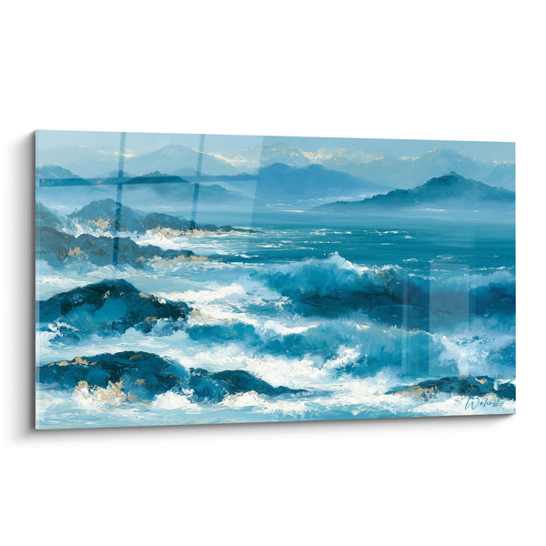 Tableau Récif bleu et blanc face aux montagnes brumeuses - Chaîne montagneuse lointaine - Edition style Peinture abstrait