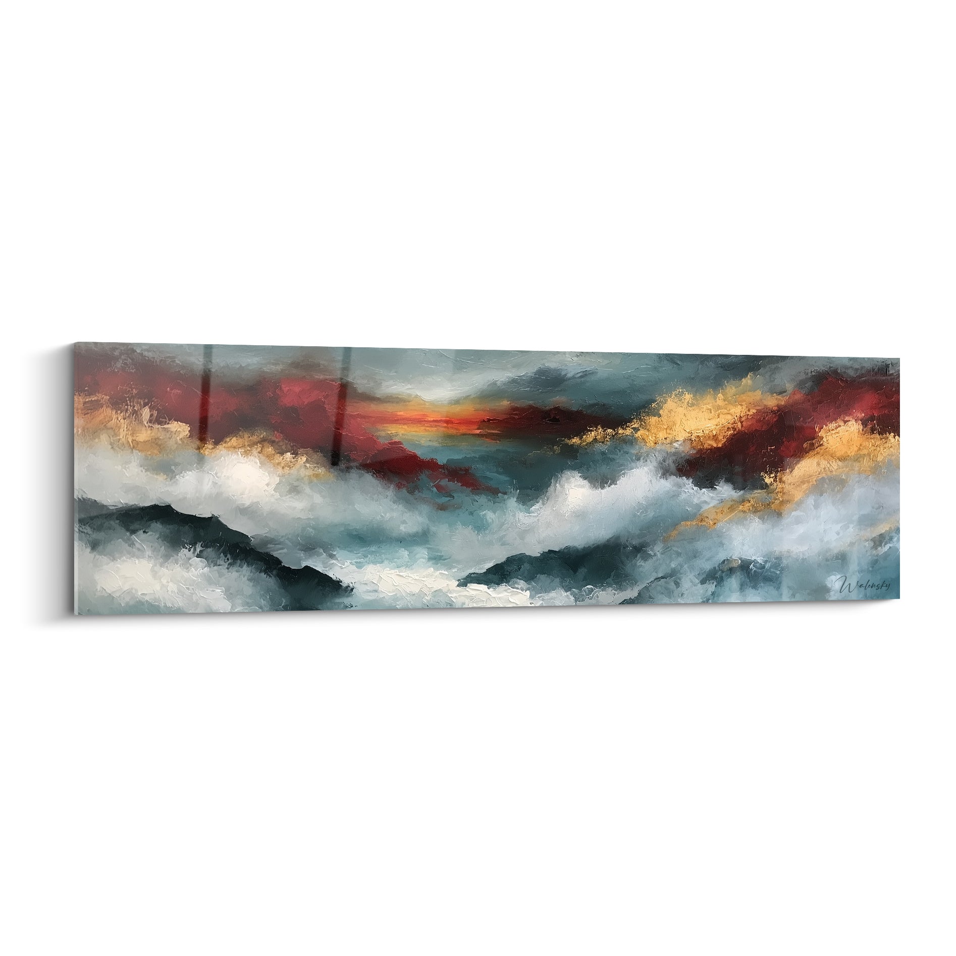 Vagues abstraites anthracite et rouge sombre traversées d'éclats dorés, style Peinture abstrait au couteau