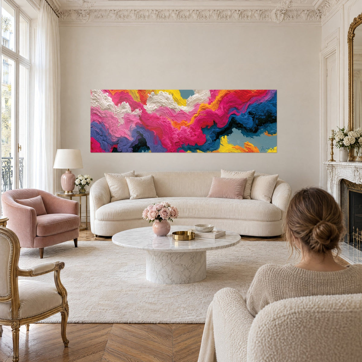 Wall art torrent of fuchsia pink and navy blue impasto paint in relief, panoramic, above a sofa in a bright living room