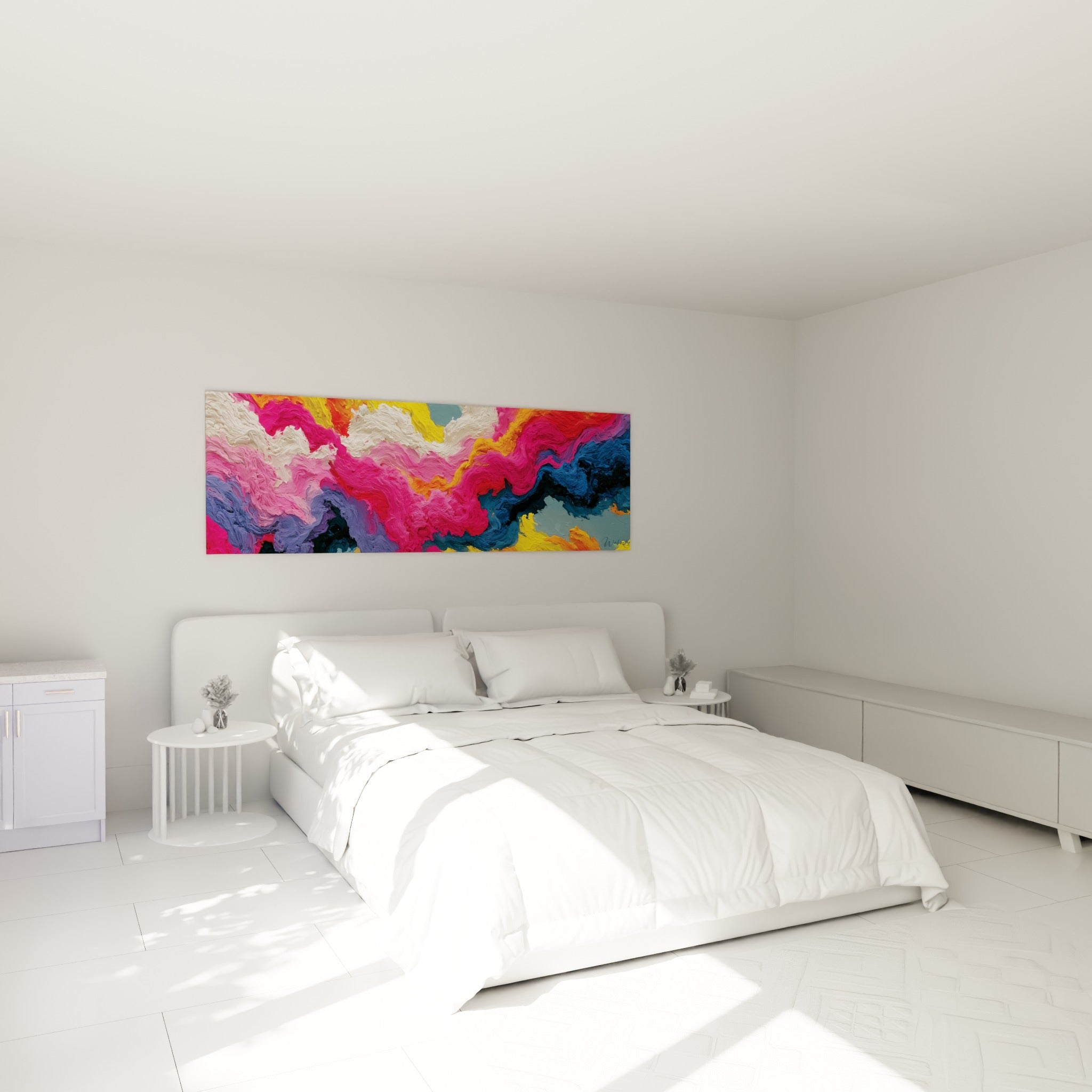 Torrent coloré rose et doré du style Peinture abstrait, au-dessus d'un lit dans une chambre claire