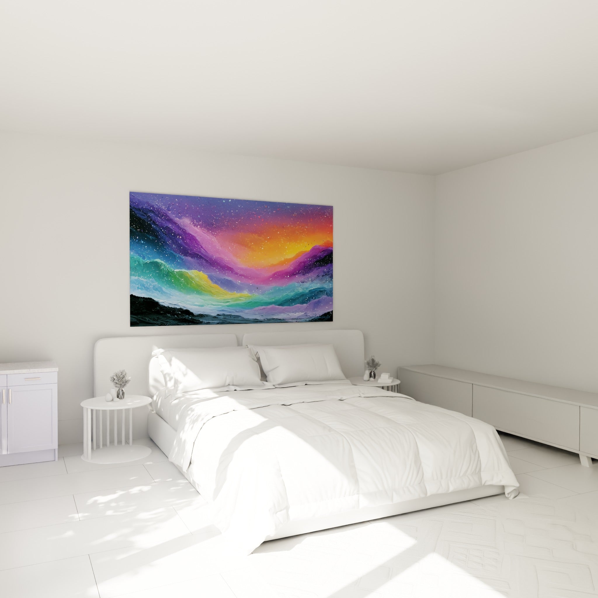 Vagues orange et vert émeraude en mouvement, style Peinture abstrait au-dessus d'un lit dans une chambre claire