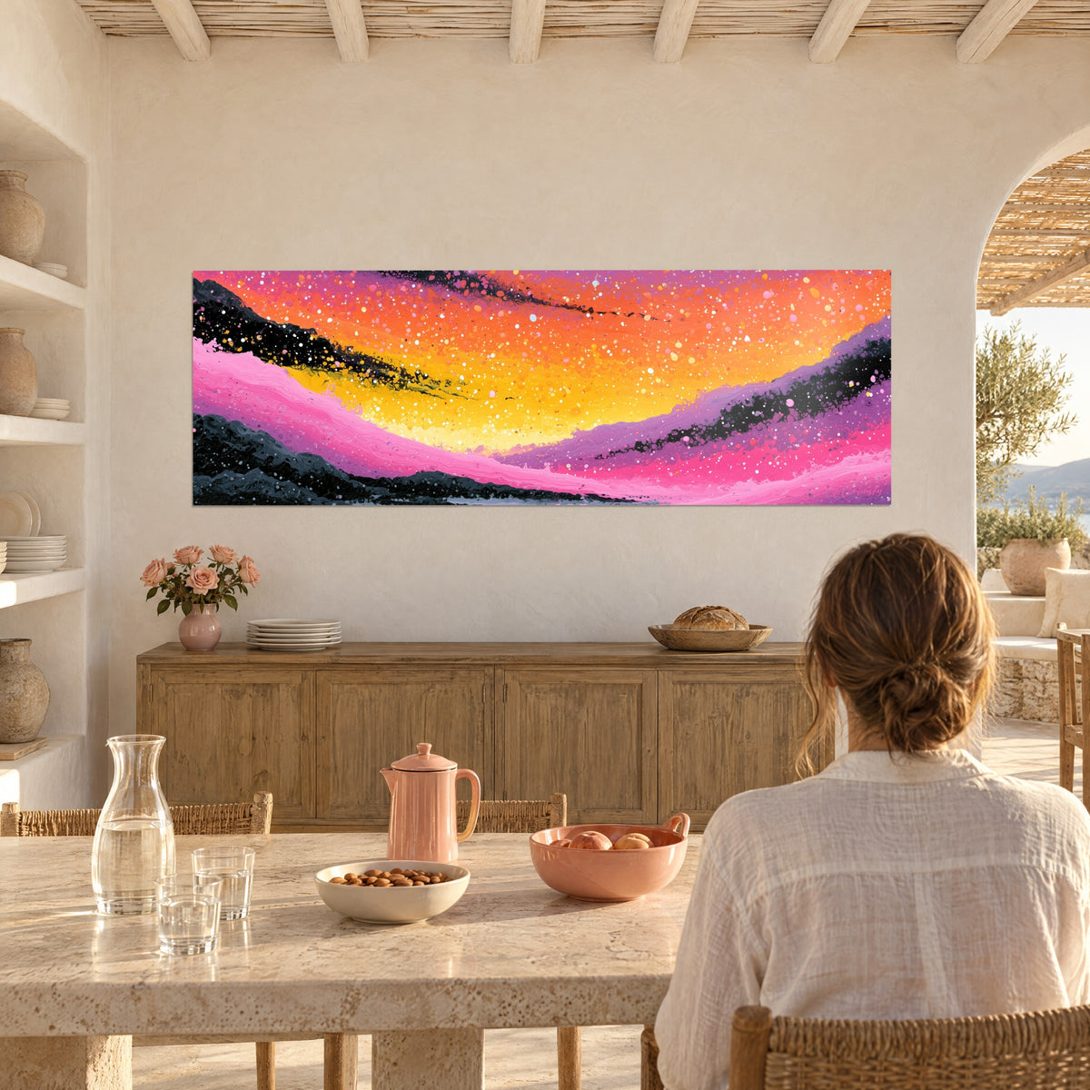 Wall art abstract painting with pink, lilac and golden waves, white light flecks, facing a stone dining table
