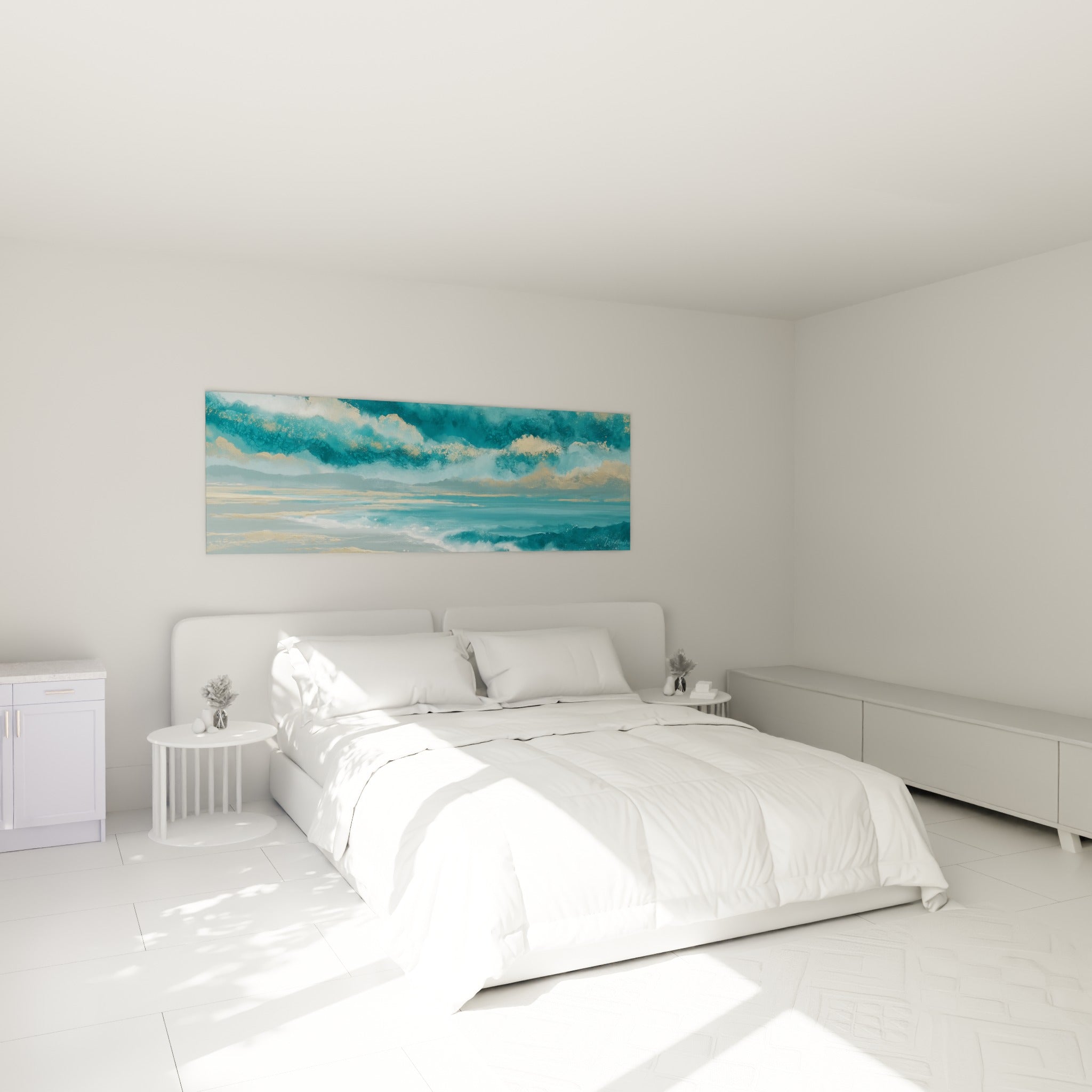Rivage bleu sarcelle et doré au-dessus d'un lit dans une chambre claire, style Peinture abstrait