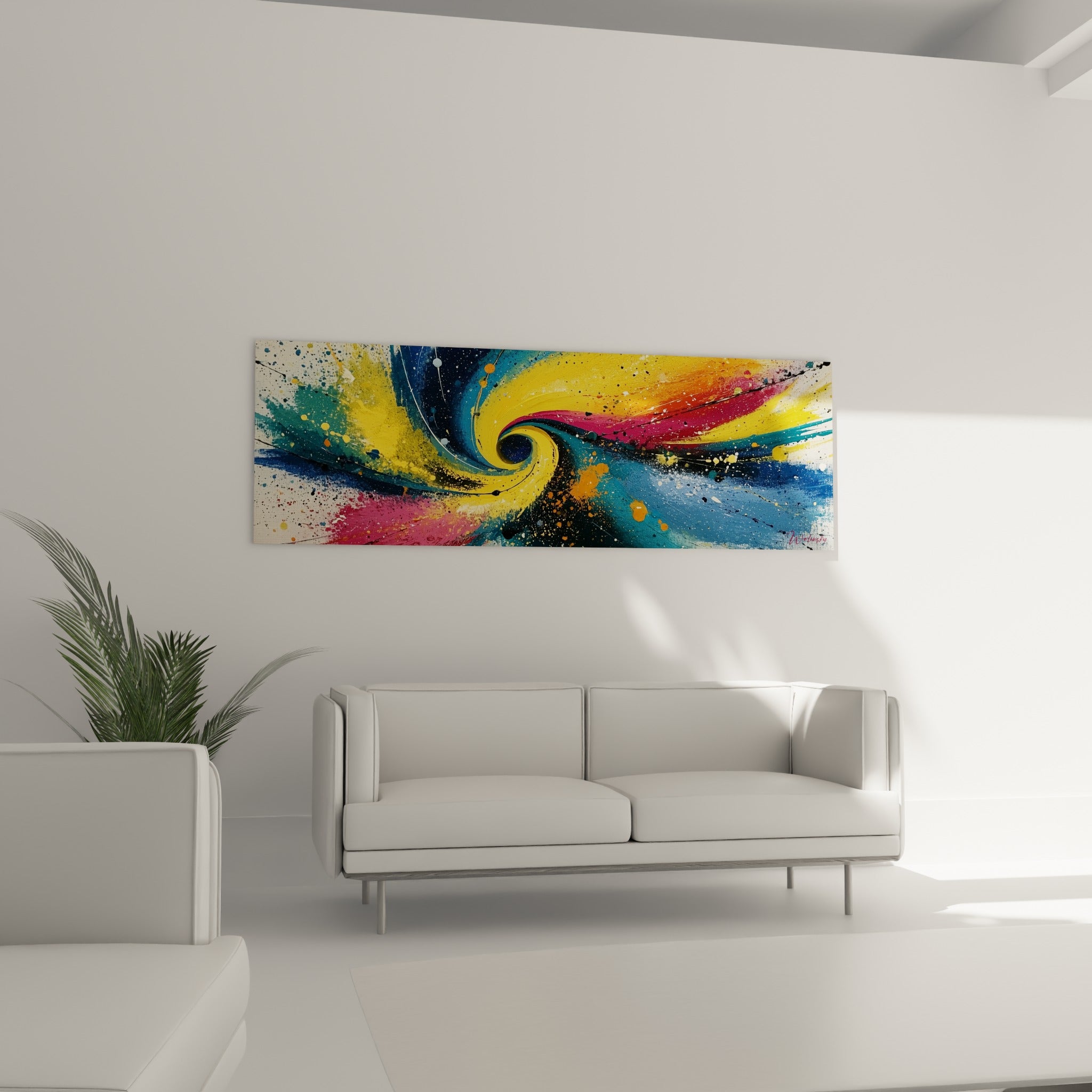 Vagues colorées jaune et bleu marine ponctuées de touches ocre, au-dessus d'un canapé dans un salon lumineux
