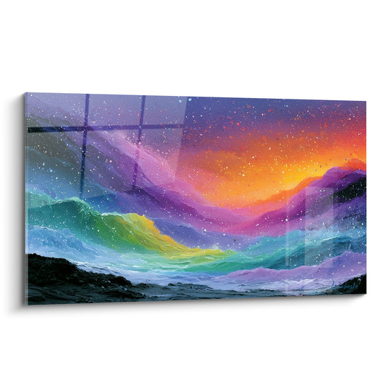 Vagues émeraude et ciel violet étoilé, style Peinture abstrait aux empâtements texturés et coulures dorées