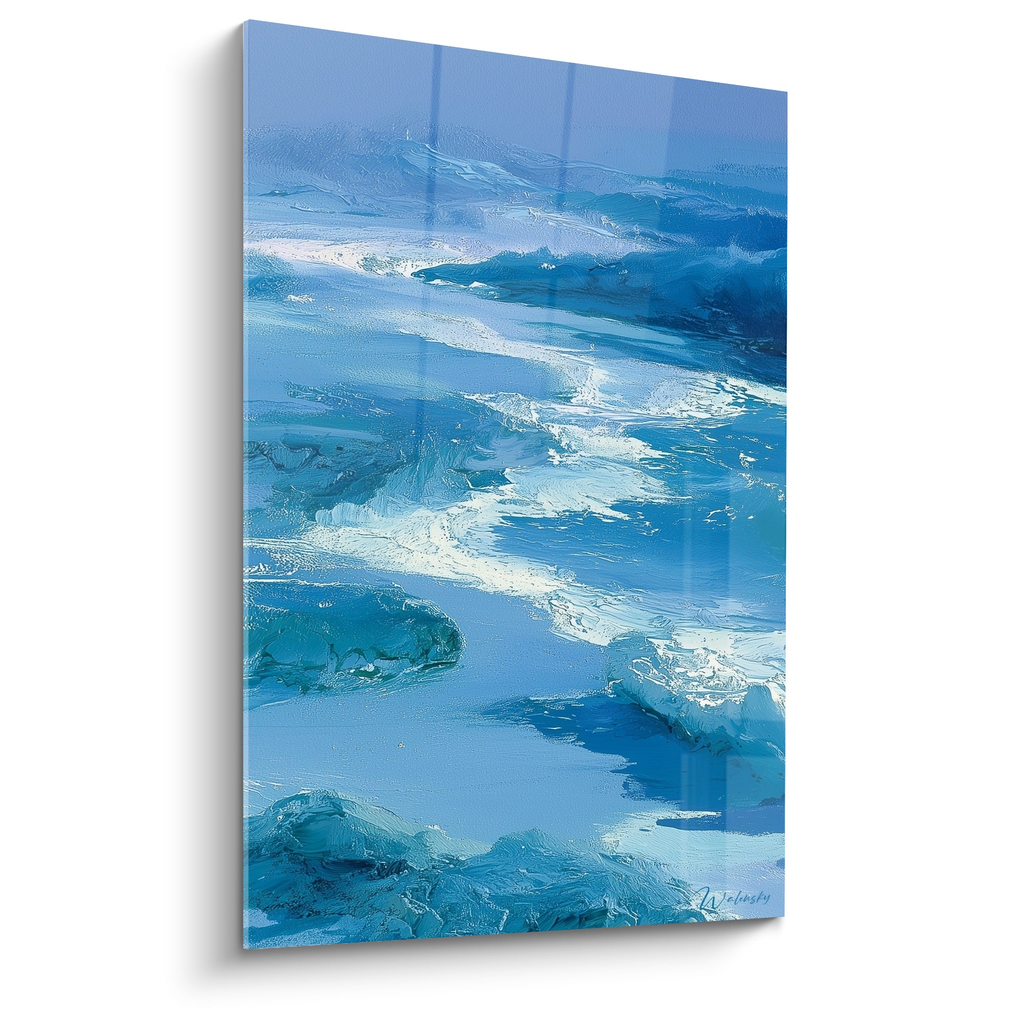Vagues bleu turquoise et blanc écumeux sur rochers immergés, texture épaisse en style peinture abstrait